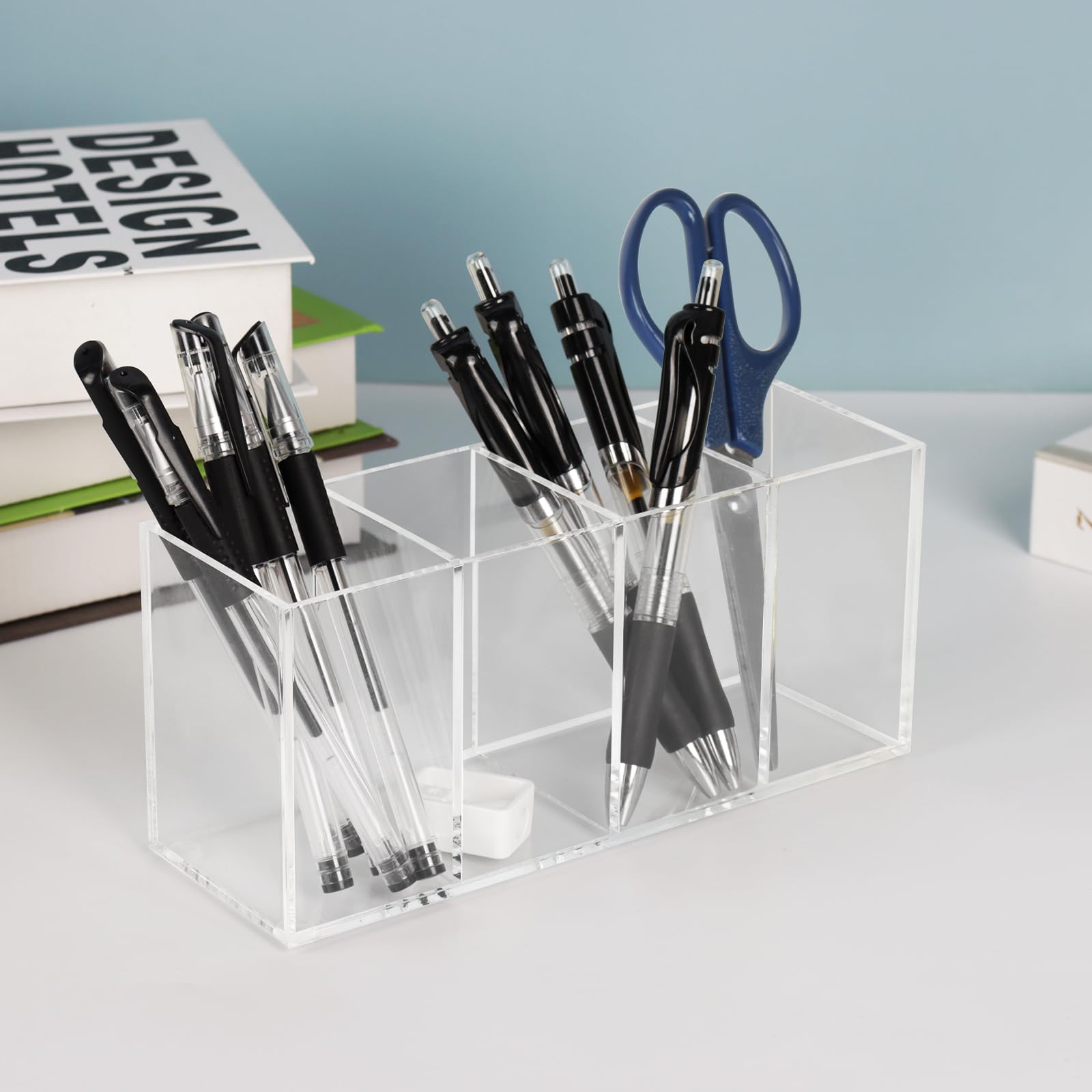 Top-spring Acrylic Pen Pencil Holder, 4 Compartments Clear Desk Organiser for Pens Pencils, Makeup Brushes - Image 2