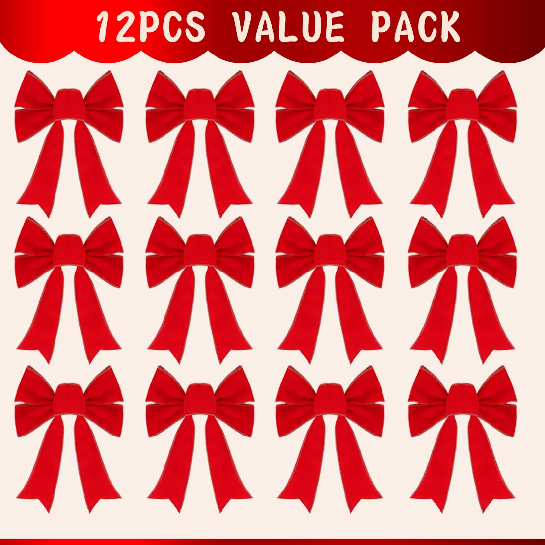 Condition photo showing Brand New for Christmas Bows - 12Pcs Christmas Red Velvet Bows 9''x13'' Packaged in a Box, Perfect for Gift Wrapping, Tree, Wreath, Gifts & Home Christmas Decorations
