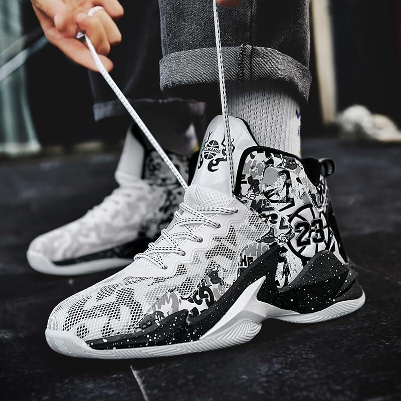 Men's Basketball Shoes with Breathable Non Slip Mesh High Cut Comfortable Sports Training Boots(White Black,8.5)