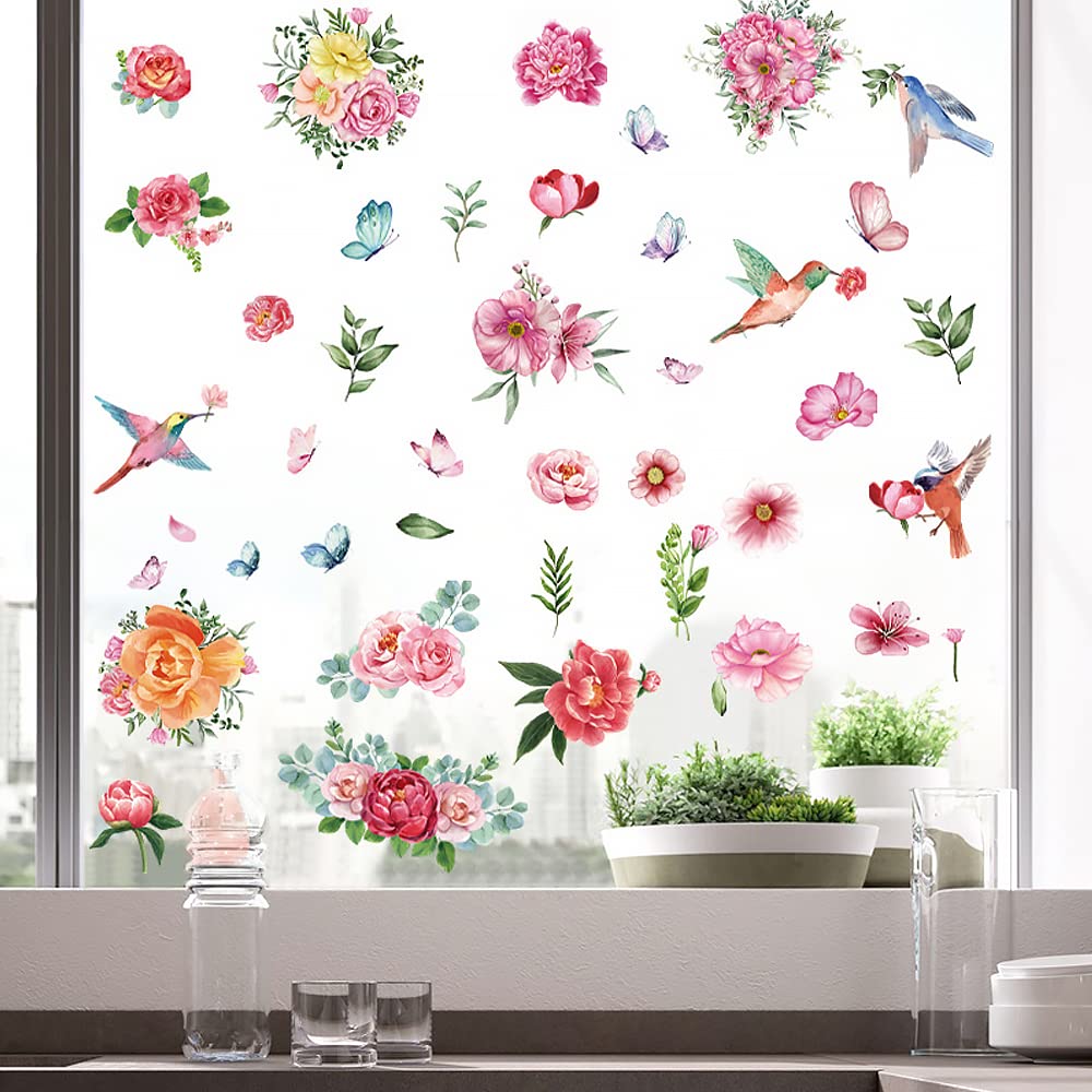 79 Pieces Window Clings, Hummingbirds Flowers Anti Collision Window Stickers for Decals Bird Strikes Prevention