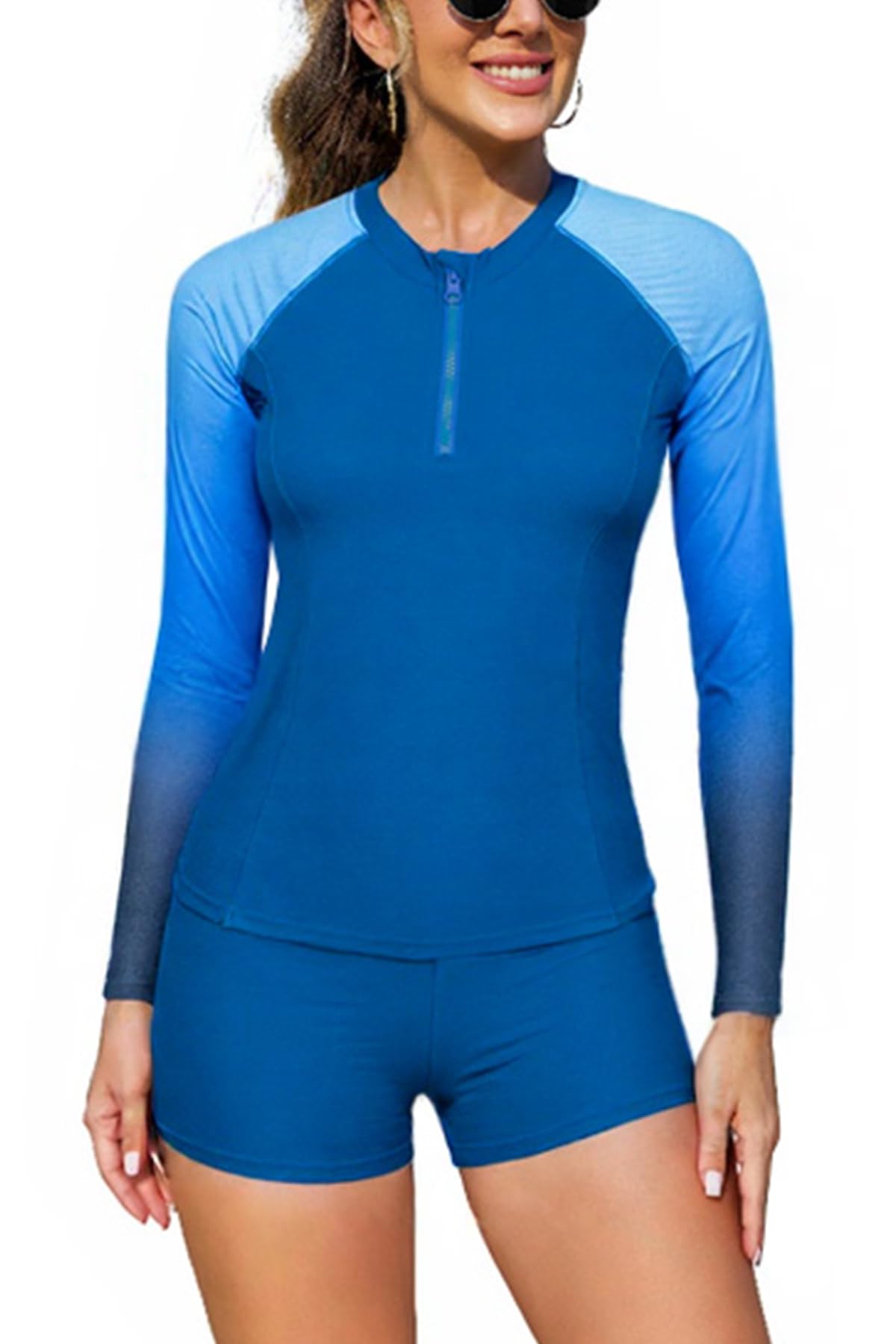 SHEKINI Costume da bagno da donna a maniche lunghe, 2 pezzi, con chiusura lampo, con pantaloncini