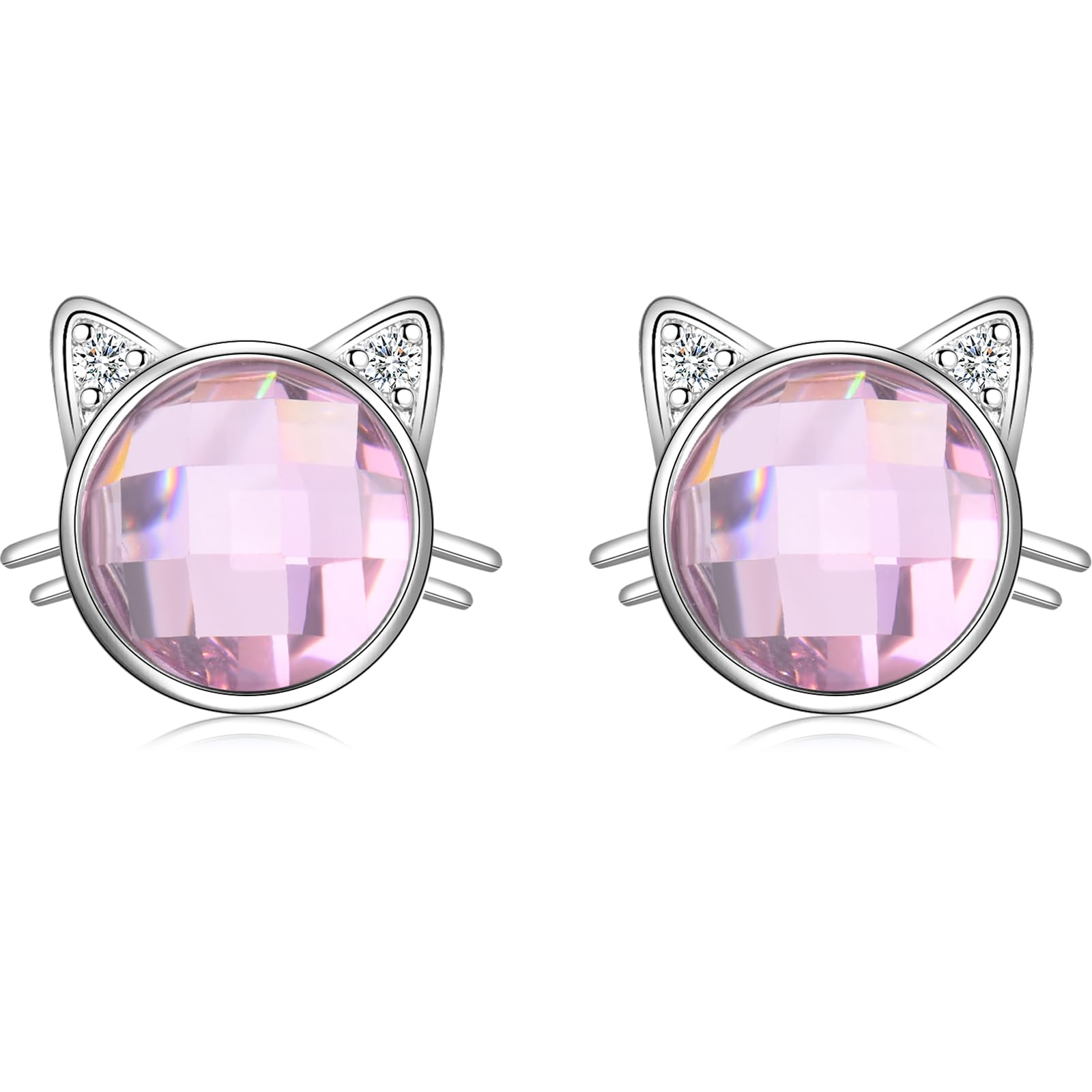 Silver Stud Earrings for Women Girls, S925 Sterling Silver Cute Cat Ear Birthstone Stud Earrings | Lovely Color Crystal CZ Cubic Zirconia Studs Jewellery Gift for Pet Lovers Teens Kids