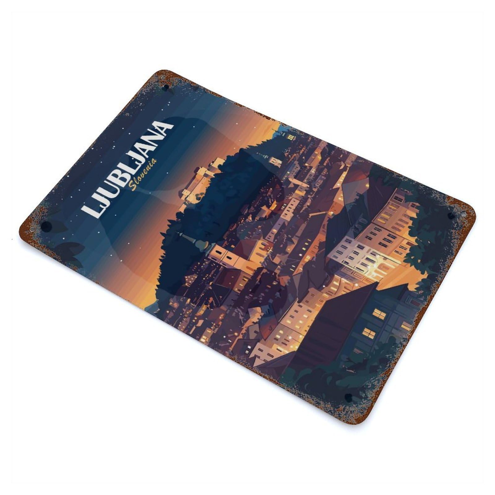 Ljubljana Slovenia Cityscape at Night 11.8"x7.9" Weathered Tin Sign, Shabby Chic Decor for Cafe, Home Bar And Lounge Decor