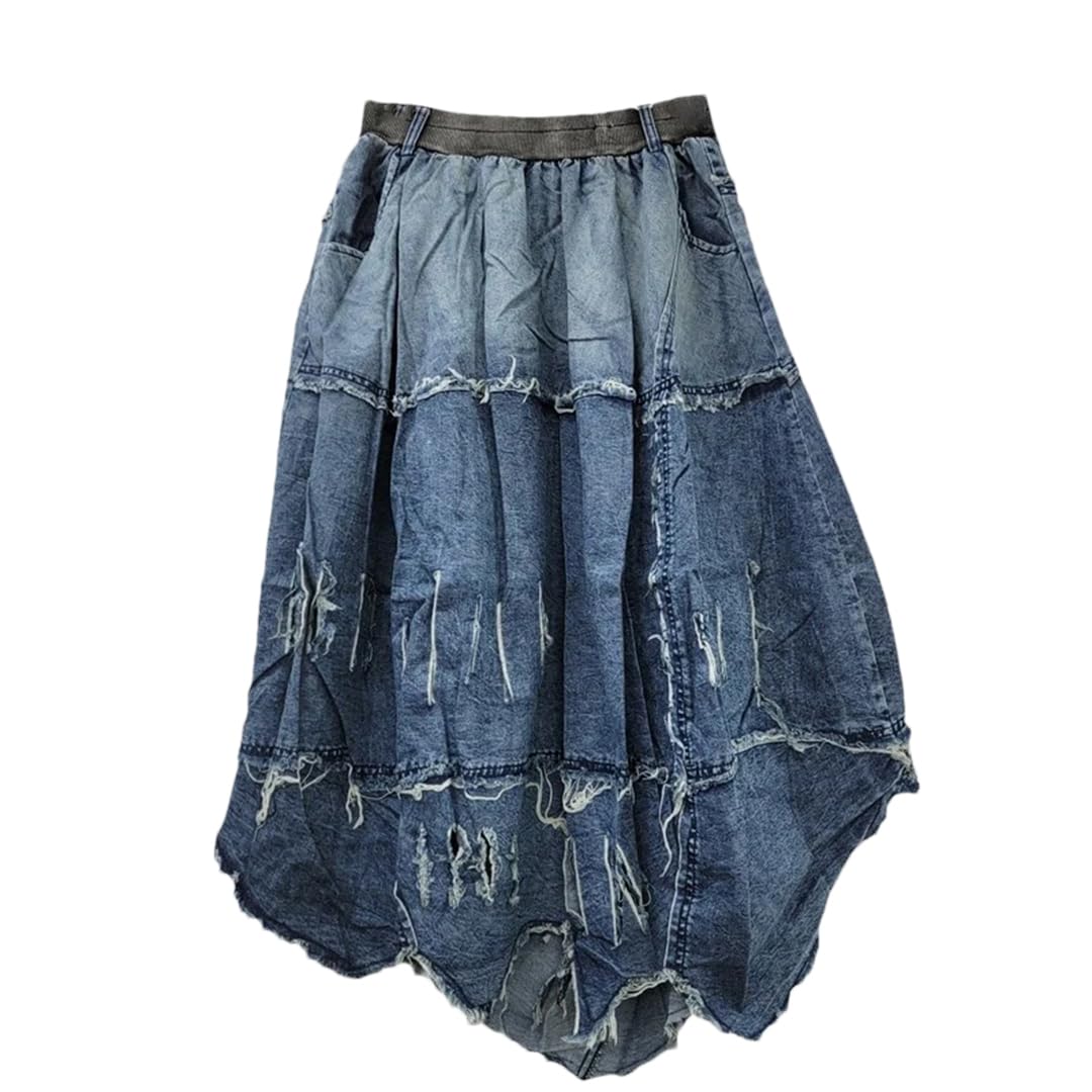 WomenS Trendy Fashion Gradient Plush Edge A-Line Denim Mid-Calf Skirt with Elastic Waist Skirt