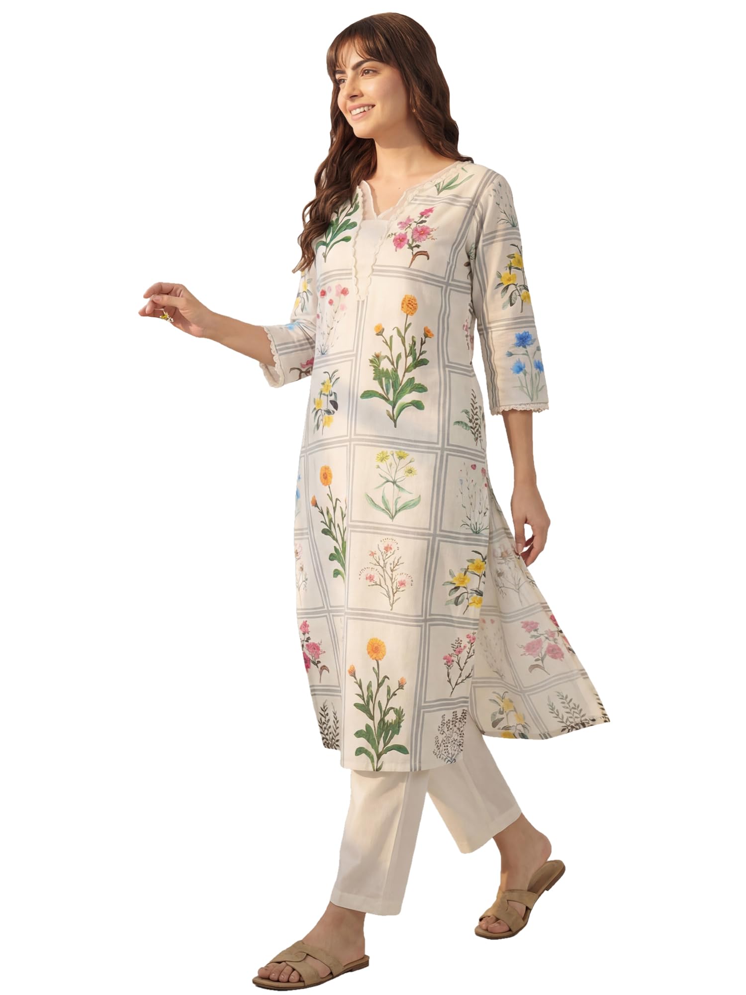 Women's Linen Floral Printed Straight Calf Length Kurta & Pant Set (IENXR11397)-image-24