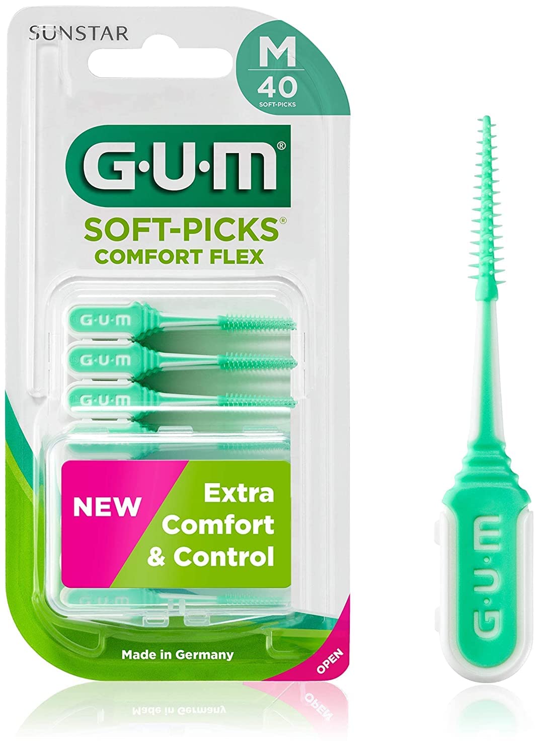 GUM SOFT-PICKS COMFORT FLEX Palillos Interdentales de Goma/Eliminan eficazmente la placa y los restos de alimentos/Suaves y flexibles/Con estuche de viaje (Medium, 6)