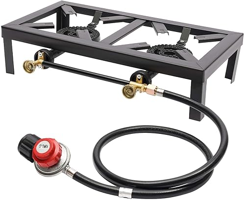 Xuthusman Estufa de quemador de gas de propano doble Cocina de barbacoa de camping con manguera reguladora de hierro fundido ahorro de energía