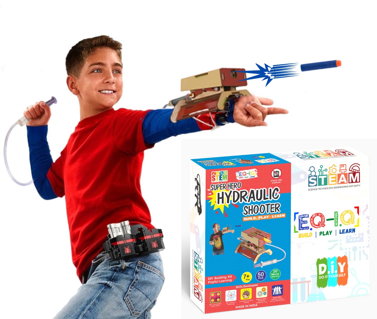 EQIQ Think Labs Funbrigade Diy Super Hero Shooter For Kids Age 8 To 14 Yrs|Build Your Own Hydraulic Missile Launcher|Stem Fun Blaster ToyAge 7,8,10,12|Science Project|Building Toys,Multicolor