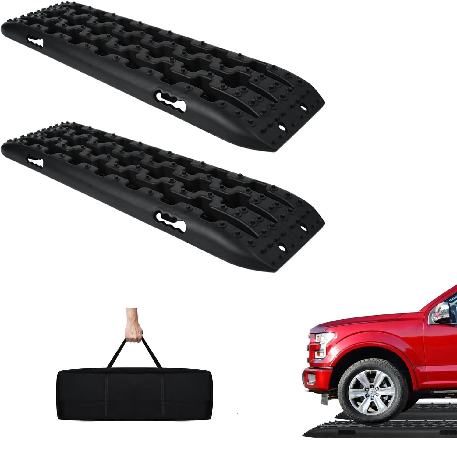 UISEBRT 2 pezzi di tavole anti-impantanamento per fuoristrada, tavole di trazione per fango, sabbia e neve, con borsa di stoccaggio per SUV, camper, auto e camion, Nero