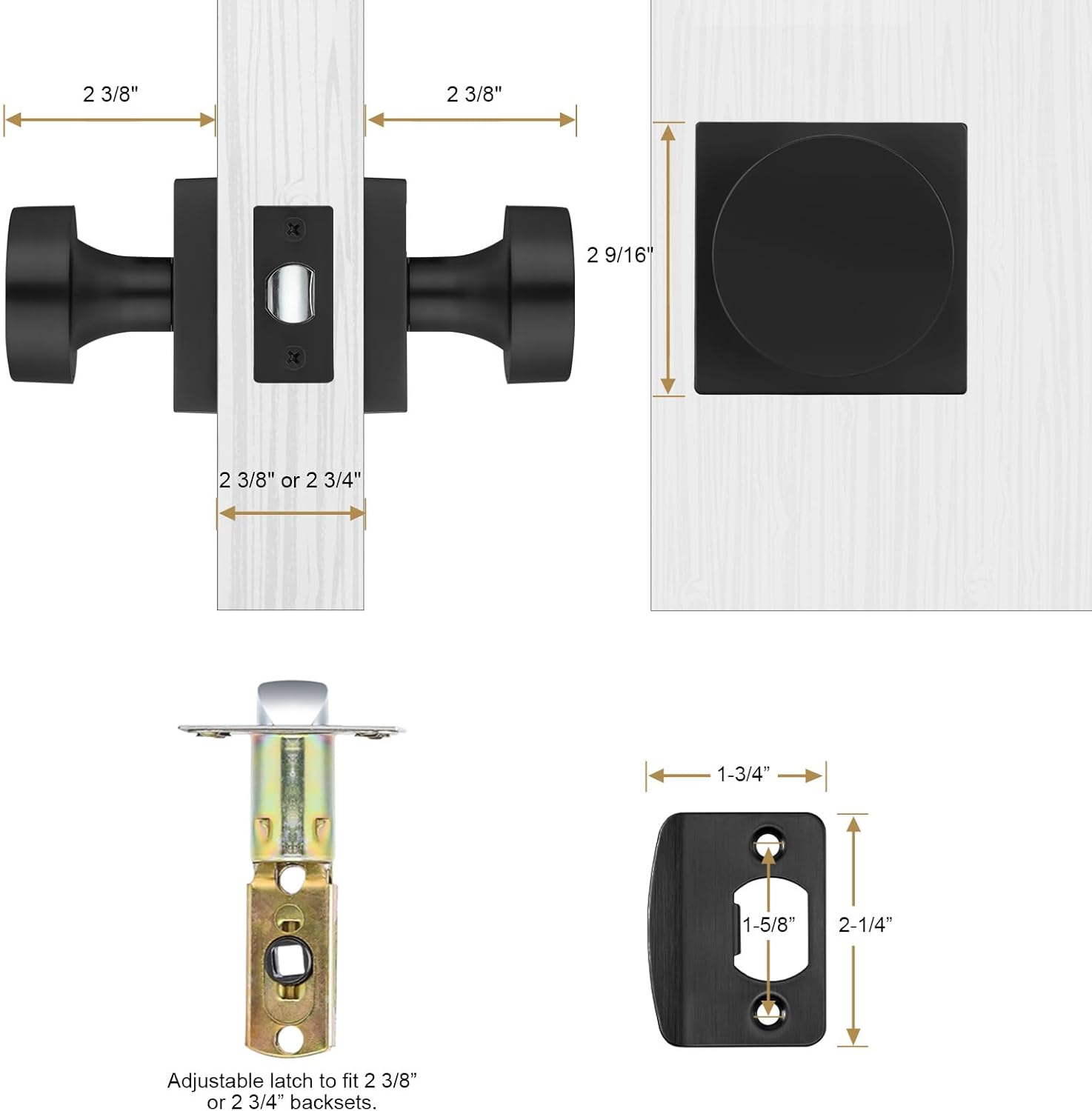 Haidms Matte Black Door Knobs Passage Interior, Heavy Duty Square Bedroom Zinc Alloy Dummy Door Knob(2 Pack)
