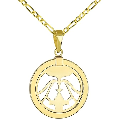 14K Yellow Gold Reversible Round Gemini Twins Zodiac Sign Pendant With Cable, Curb or Figaro Chain Necklace