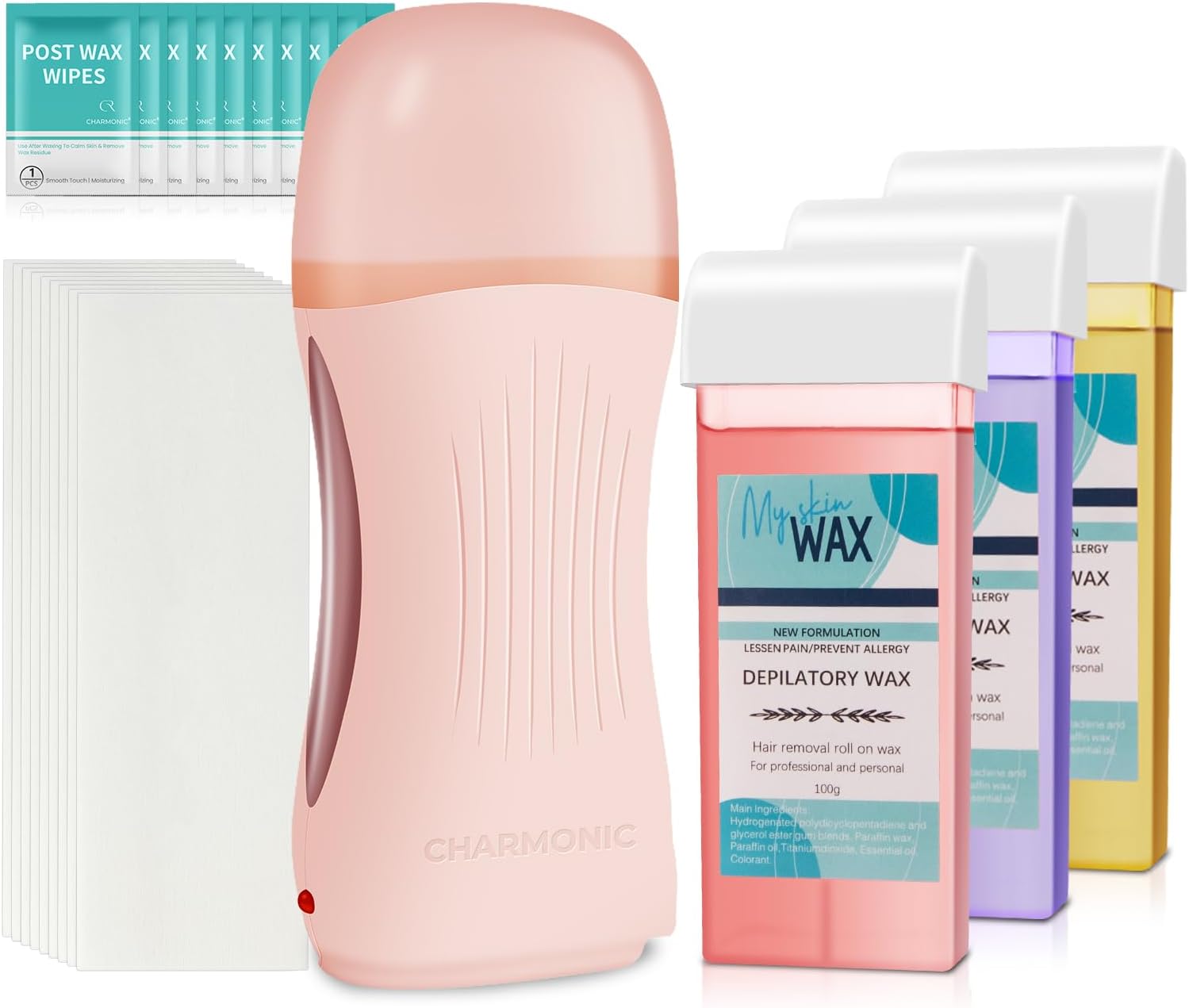 Roll On Wax Kit, Portable Wax Roller Kit for Hair Removal, Beginners Waxing Kit Soft Heater for All Skin Types with 3 Pcs 100g Roll on Cartridge, 100 Non-Woven Strips & 10 After Oil Wipes (F8_Pink)