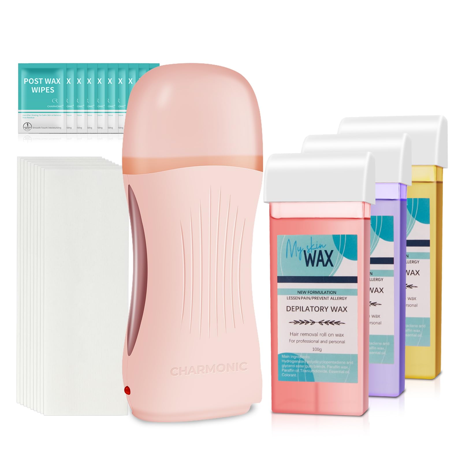 Roll On Wax Kit, Portable Wax Roller Kit for Hair Removal, Beginners Waxing Kit Soft Heater for All Skin Types with 3 Pcs 100g Roll on Cartridge, 100 Non-Woven Strips & 10 After Oil Wipes (F8_Pink)
