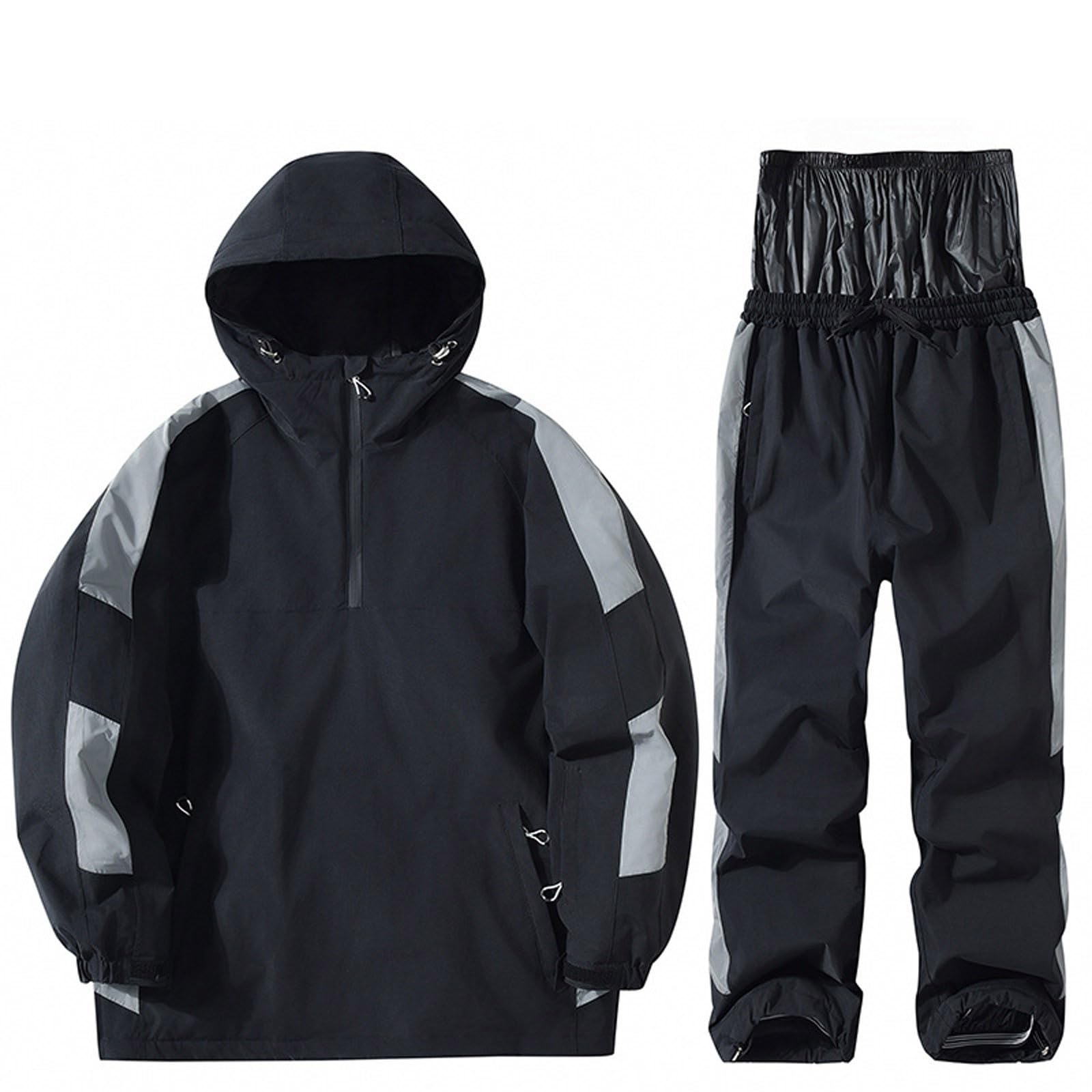 Skianzug für Herren und Damen, 2-teiliges Set, wasserdicht, winddicht, Winter, warm, bequem, warm, Hoodie mit Taschen und Kordelzug mit Reißverschluss, für Laufen, Wandern, Camping