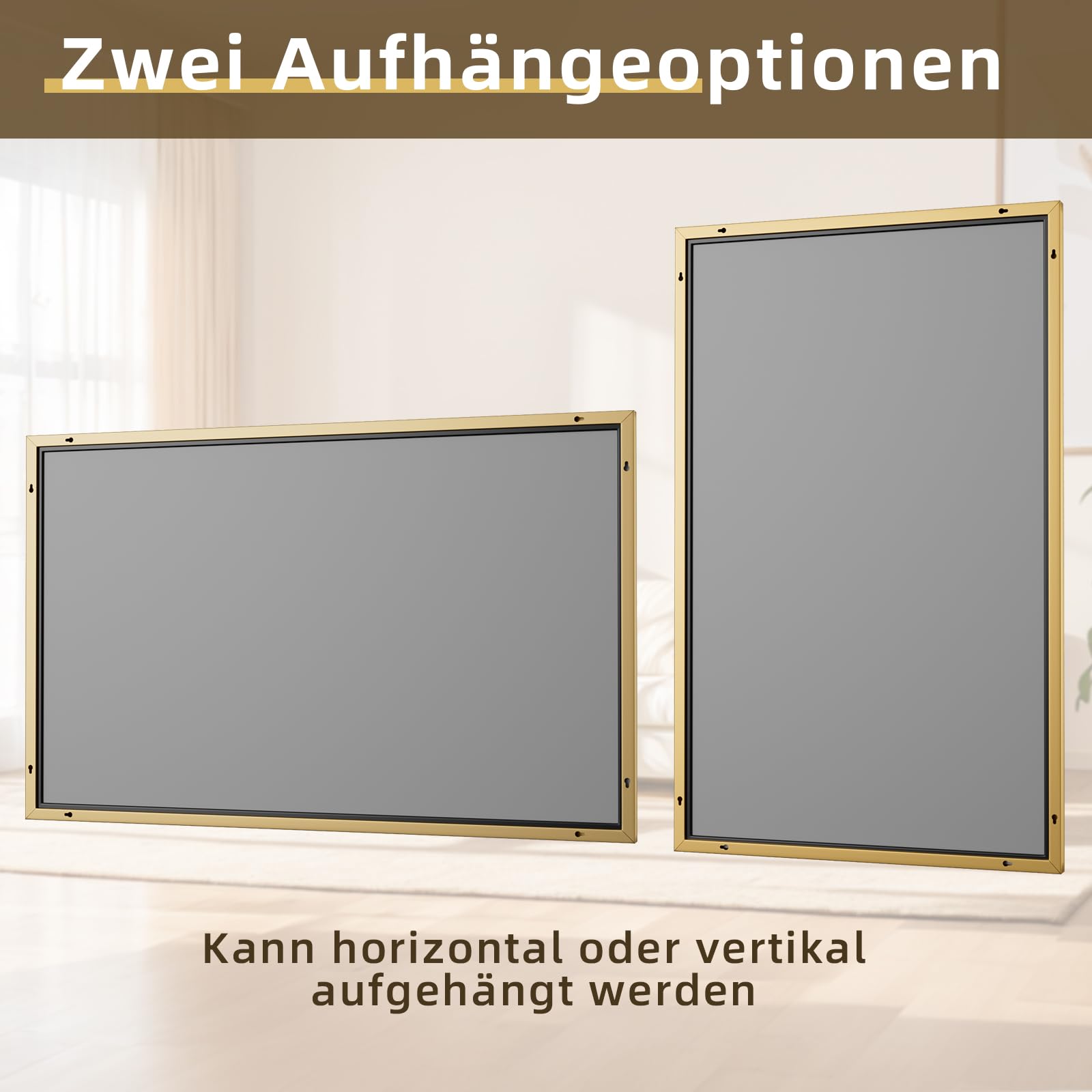 BEAUTYPEAK Miroir mural rectangulaire 120 x 75 cm cadre aluminium doré, incassable pour salle de bain, chambre à coucher, salon