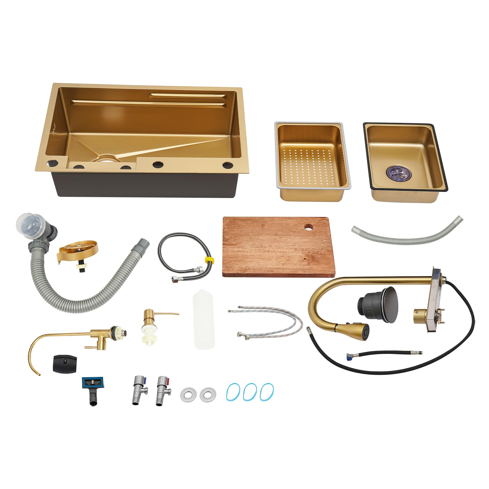 Spülbecken Küche, Kitchen Sink Modern Edelstahl Küchenspüle Wasserfall, Drei Wasserauslaufmodi, Multifunktionale spülbecken mit Ausziehbarer Wasserhahn und Entwässerungskomponente (Gold)