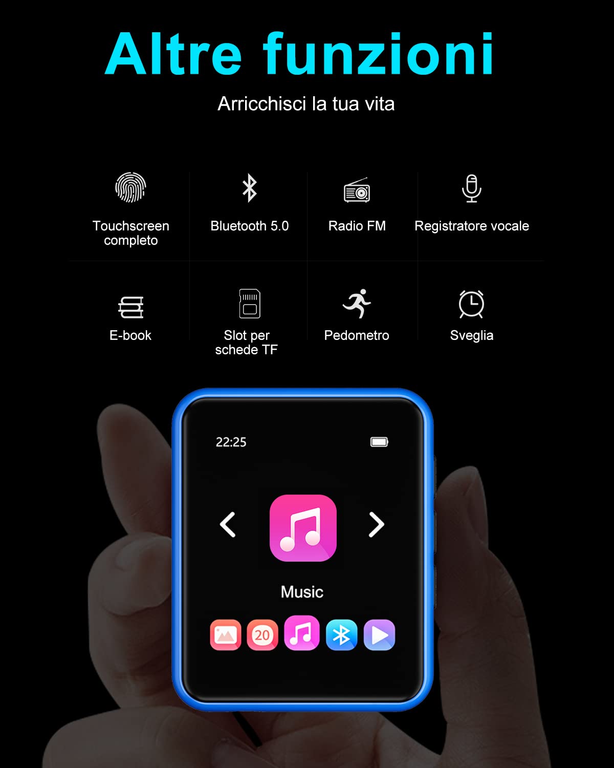 32GB Lettore MP3 con Bluetooth 5.0, Portatile Hi-Fi Sound Lettore di musica con Altoparlante, Line-in Registratore Vocale, Radio FM, e-book, Full Touch Schermo, Supporto fino a 128 GB di schede