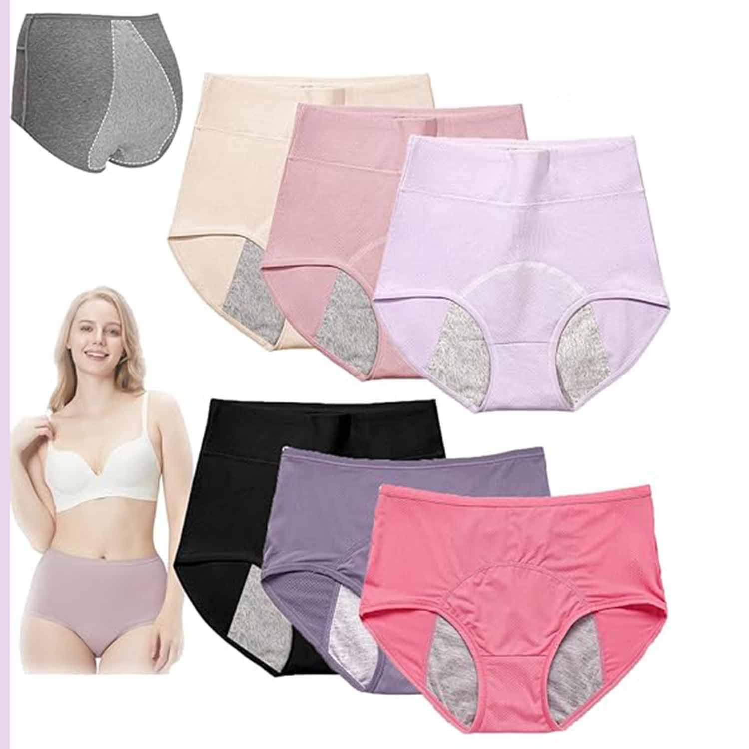 IsoUde High Waist Leakproof Comfort Panties, Leak-proof, Sanitary Pants,Seamless Tummy Control Cotton Briefs Panties for Women (6pcs-G,XXL)