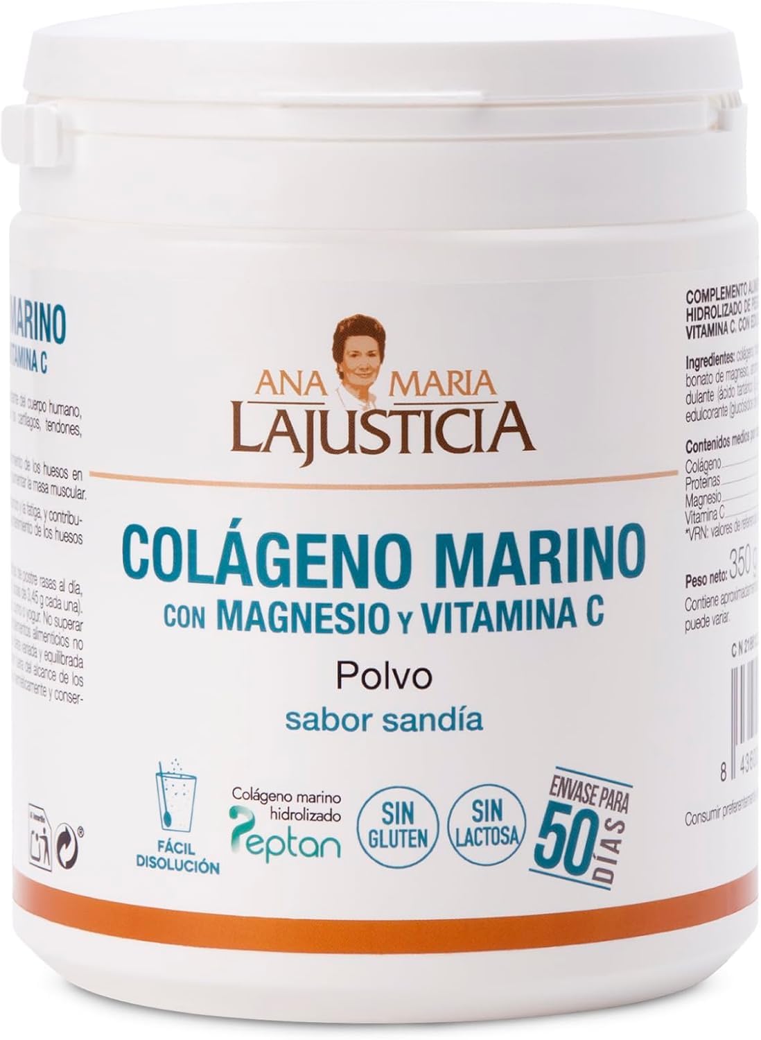 Ana Maria Lajusticia - Colágeno marino con magnesio y VIT C 350 g (sabor sandía) - Articulaciones fuertes y piel tersa. Regenerador de tejidos con colágeno hidrolizado Peptan. Envase para 50 días