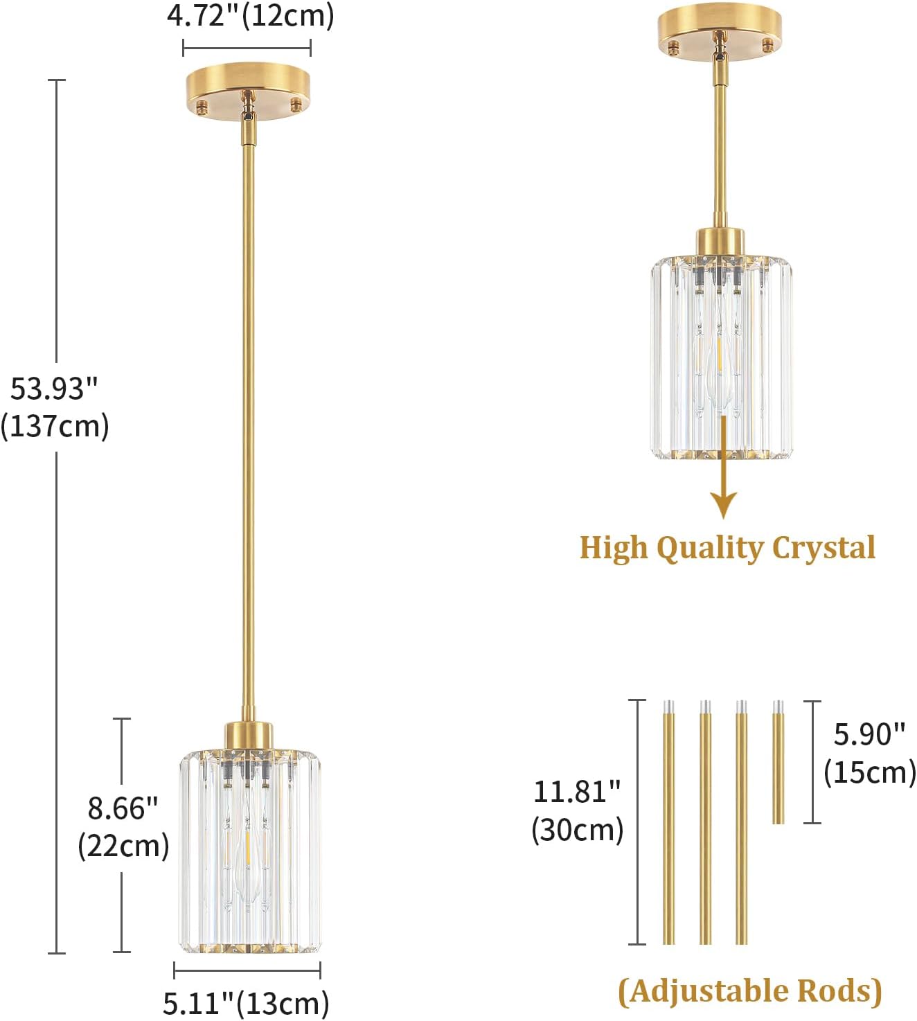 Modern Crystal Pendant Lights Kitchen Island, Brushed Brass Pendant Lighting Over Island Kitchen Hanging Light Fixtures Adjustable Mini Pendant Light for Dining Room Bathroom Entryway Hallway Foyer