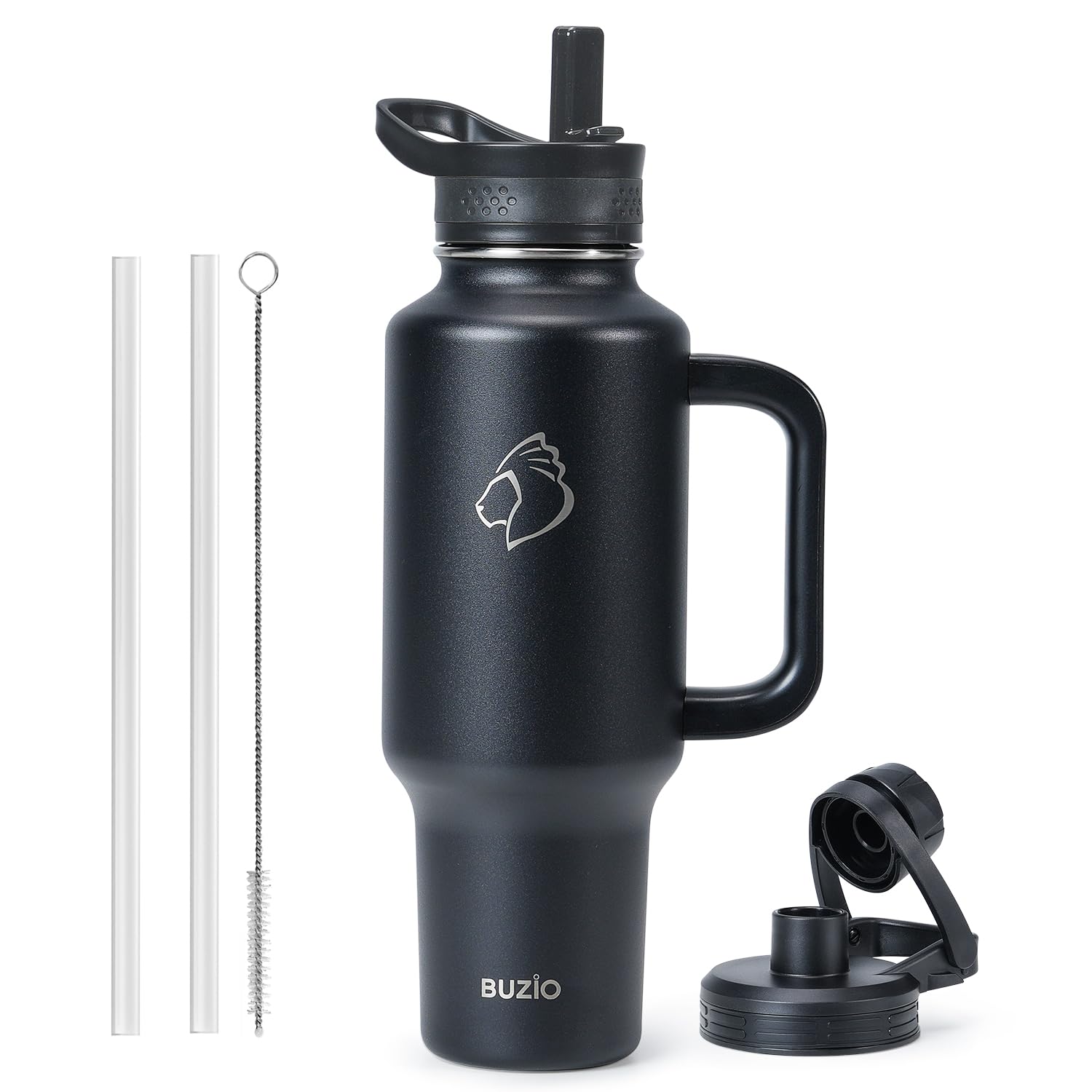 BUZIO Insulated Water Bottle with Handle & Flip Straw, 40oz Metal Travel Tumbler Fits in Cup Holders, Dishwasher Safe Leakproof Reusable Sport Mug, Gift for Women & Men, Keep Cold for 48hrs, Black