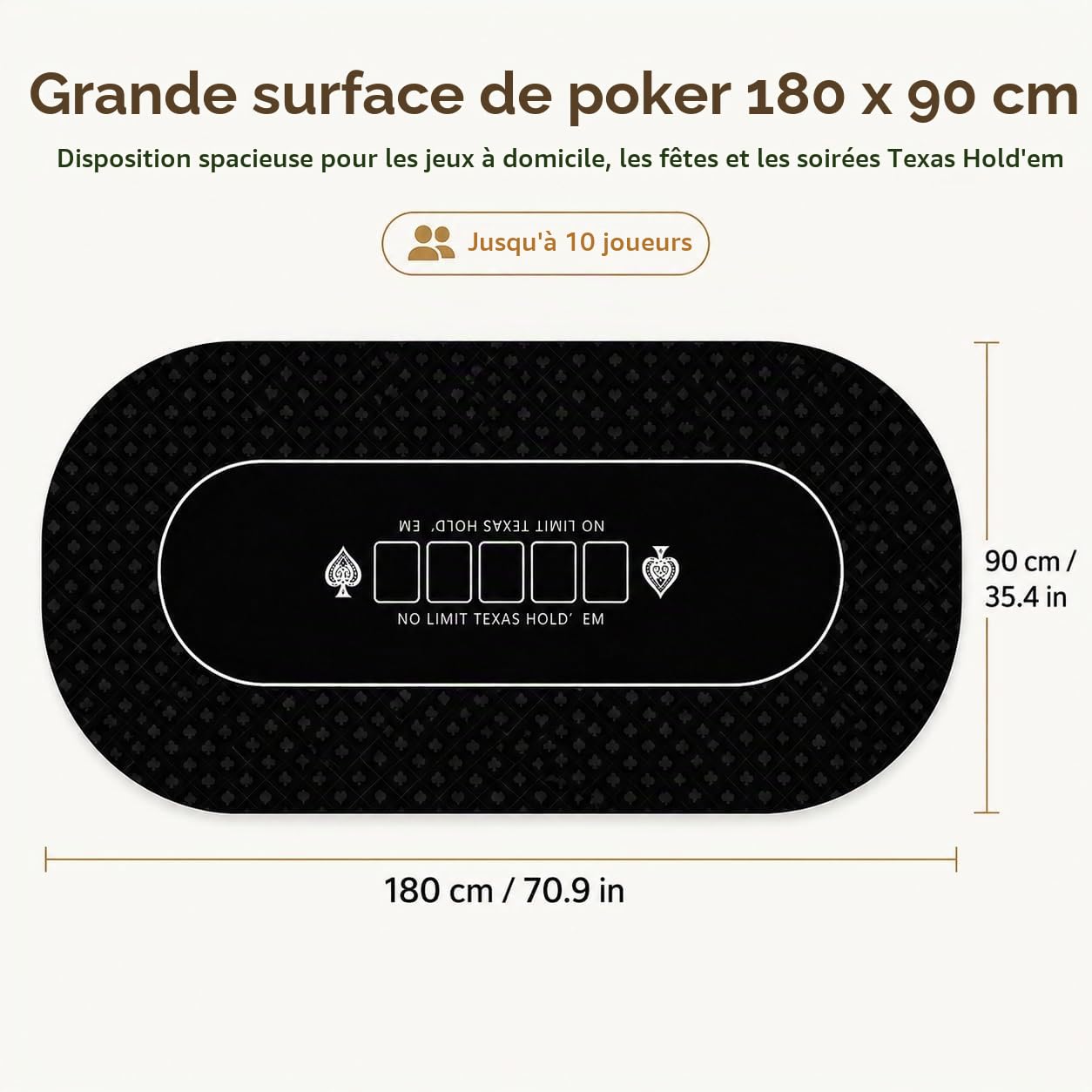 Tapis de poker 180 x 90 cm, 10 joueurs Texas Hold'em en caoutchouc pour tables, table de poker pliable et portable avec sac de transport pour jeux de poker, blackjack