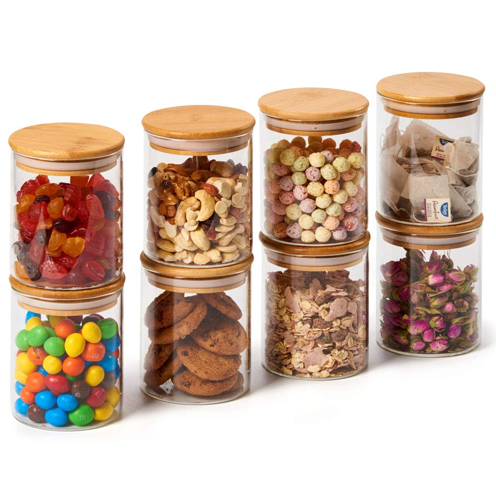EZOWARE Set di 8 Barattoli di Vetro, Contenitori per la Conservazione degli Alimenti con Coperchio di Legno Bambù Ermetico per Tè Caffè Farina Cereali Fagioli, Vetro Borosilicato - 450ml