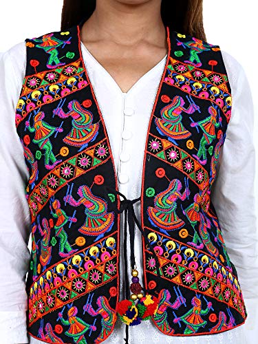 Image of Craft Trade Women's Cotton Embroidered Kutchi Jacket with Tassels Sleeveless Mirror Work