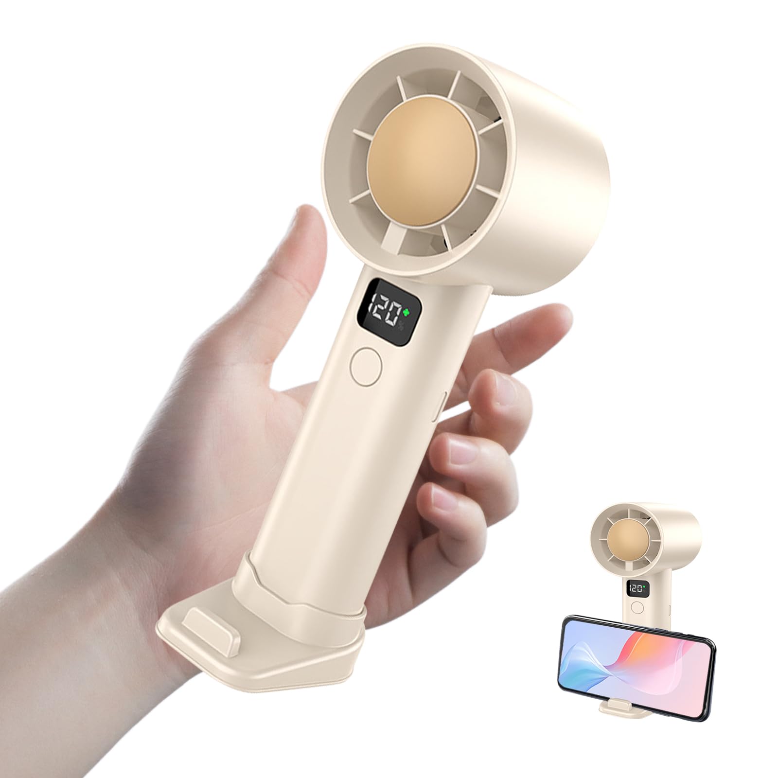 Sinmaklin Hand Held Fan, Mini Turbo Fan, High Speed(1-120) Adjustable Portable Powerful Fans Handheld, 2025 New Rechargeable USB Personal Fans with LED Display for Travel/Camping/Indoor/Outdoor White