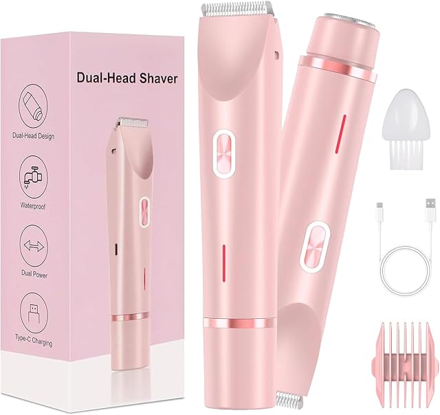 Dermave Bikini Shaver, 2 in 1 Bikini Trimmer Women Waterproof Dual Head Shaver Women, Wet & Dry Womens Electric Razor for Pubic Hair Underarm Leg Arm Body Face(Pink)