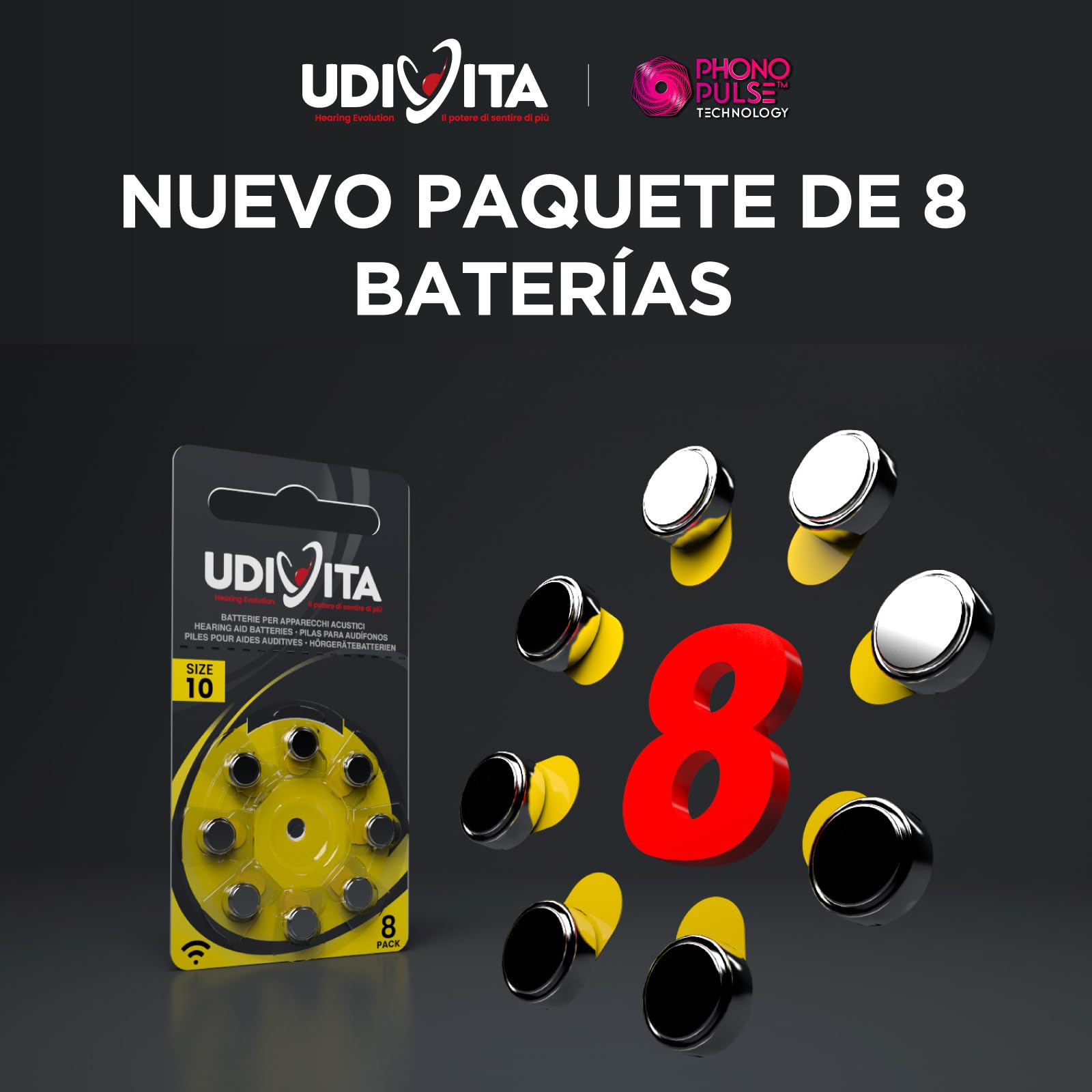 120 Pilas para Audífonos Tamaño 10 Udivita PR70 (Amarillo) Zinc-Aire Hearing Evolution - 15 Blísteres de 8 Pilas