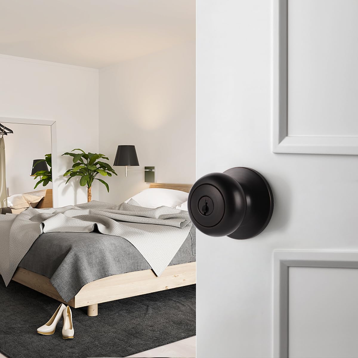 Probrico Paquete de 6 pomos de puerta de entrada con llave igual, modernos pomos redondos para puerta interior/exterior para puerta delantera/dormitorio, manijas de puerta clásicas de bronce aceitado