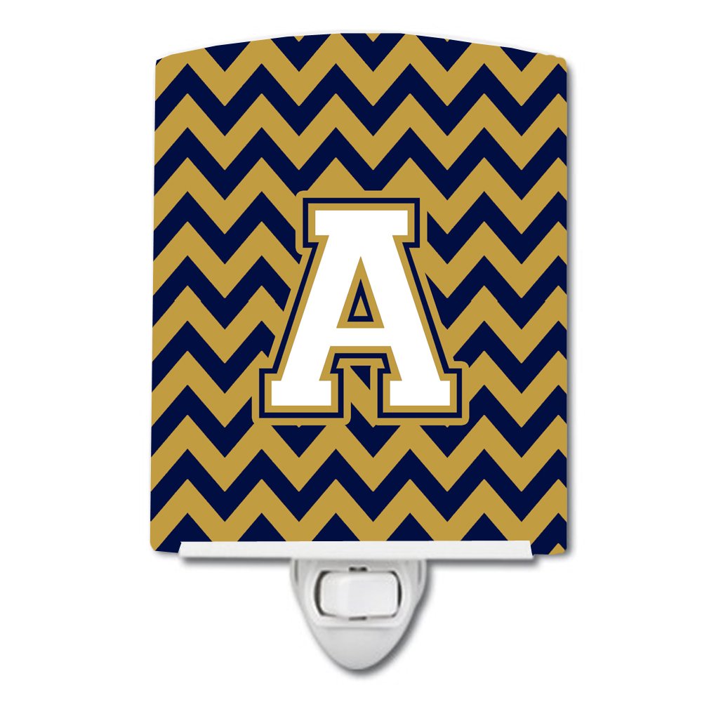 Caroline's Treasures CJ1057-ACNL Letter A Chevron Navy Blue and Gold Ceramic Night Light Compact, UL-Certified, Ideal for Bedroom, Bathroom, Nursery, Hallway, Kitchen, 6x4x3, Multicolor