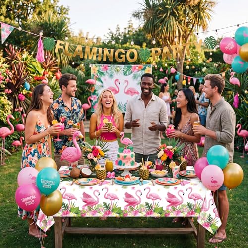 Image of Ganeen 3 Pcs Summer Flamingo Tablecloth Party Decorations, Hawaiian Tropical Plastic Table Cloth, Disposable Luau Table Cover Rectangle for Flamingo Birthday Party Decoration Supplies, 54 x 108 Inch