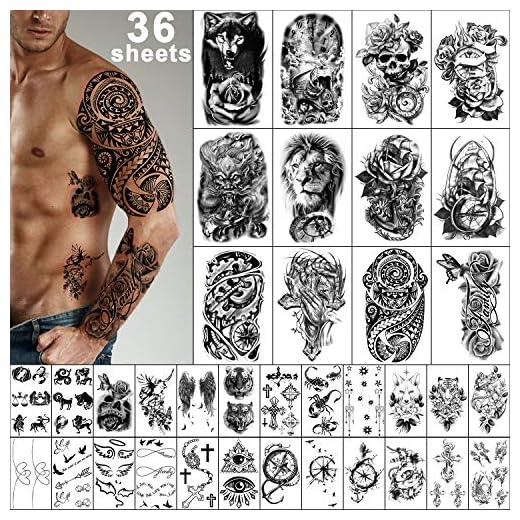 Yazhiji 36 Sheets Temporary Tattoos Stickers, 12 Sheets Fake Body Arm Chest Shoulder Tattoos for Men or Women with 24 Sheets Tiny Black