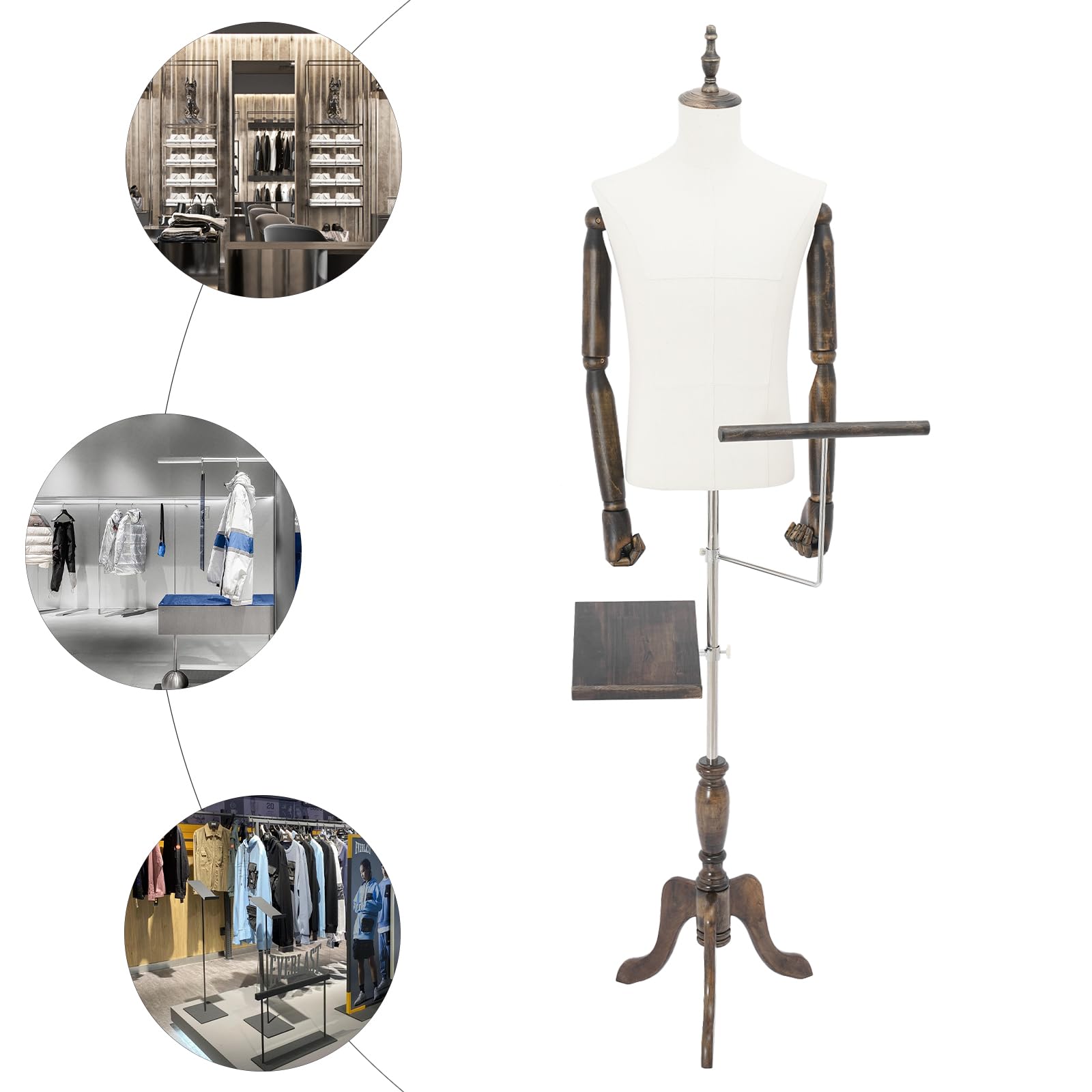 Męski manekin wystawowy, regulacja wysokości 150-180 cm, manekin z drewnianymi ramionami, powłoką z materiału i podstawą statywu, manekin na garnitury/kurtki/koszule, manekin krawiecki, biały, styl