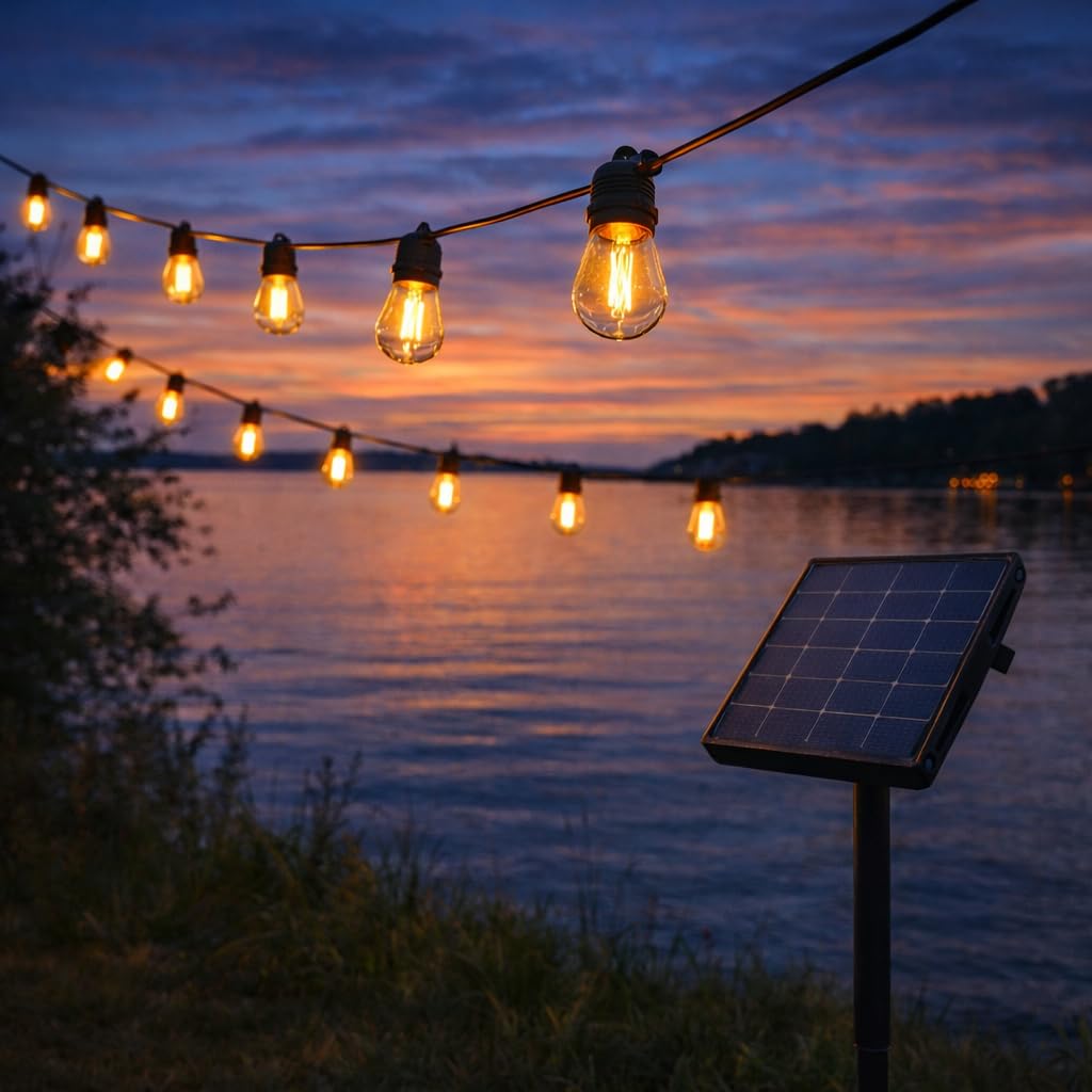 Solar-Lichterkette, 20-50 Meter, Außen/Innen, LED, Premium Lichterkette, Schwarz, IP65 Wasserdicht, 24V Solarlampen, Solar/USB, Warmweiß, 40-50 Lampen (50 Meter 50 Lampen)