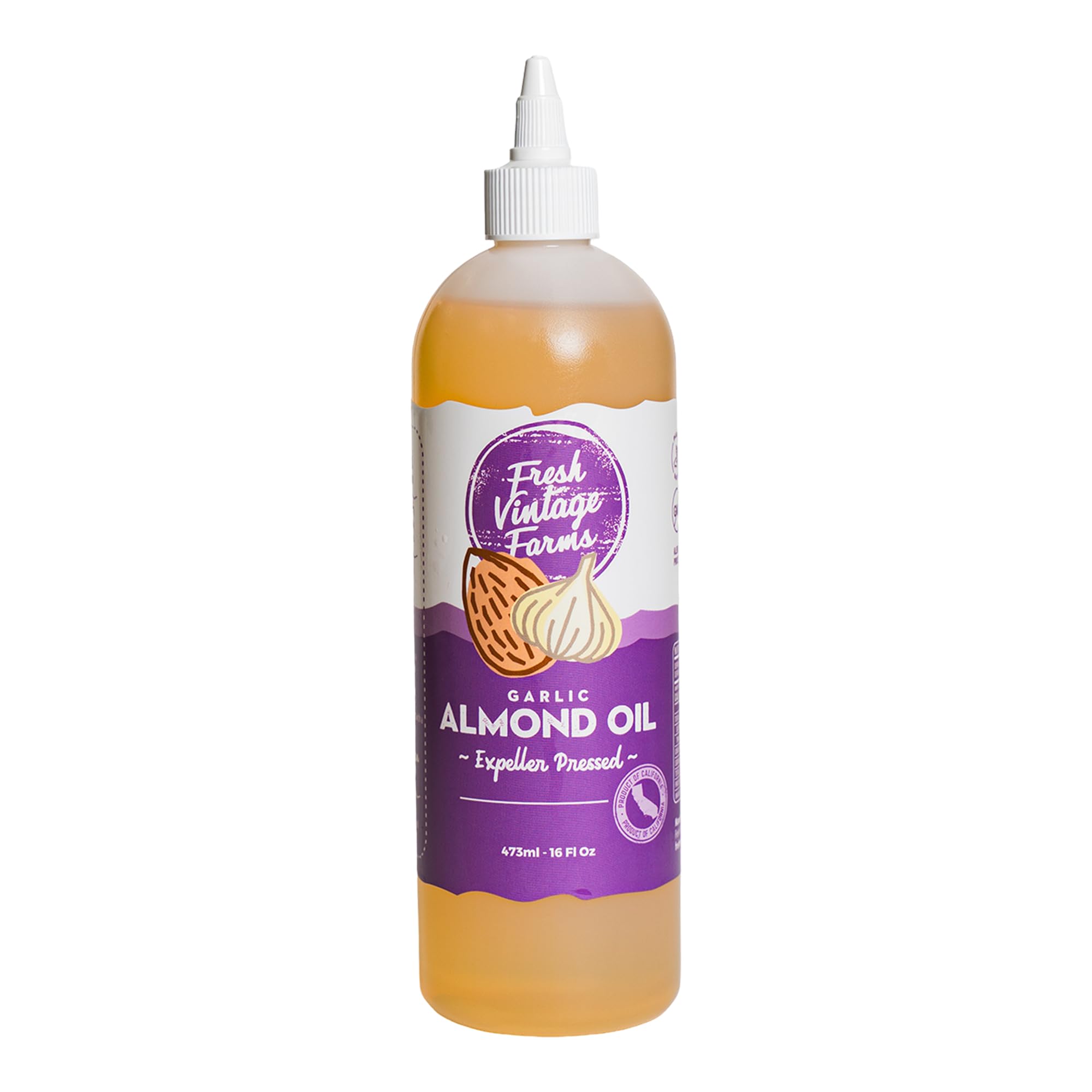 Fresh Vintage Farms Garlic Almond Oil | Expeller-Pressed Garlic-Infused California Almond Oil | Cooking Oil for Grilling, Baking, Dipping & Salads |