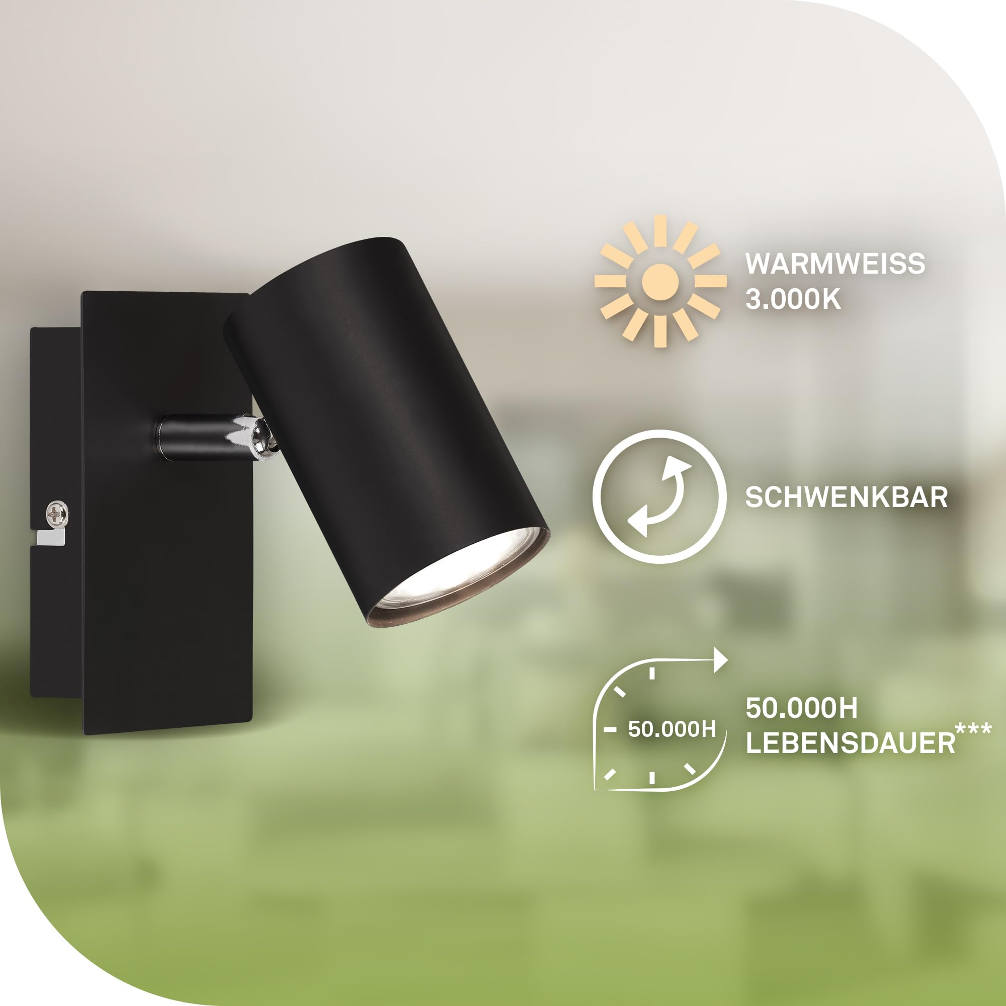 BRILONER - LED Wandleuchte innen mit EEK A Lichtquelle, schwenkbar, 3000K warmweiß, 2W, 450 Lumen, Leselampe, Wohnzimmerlampe, Lampe, Wandlampe, Küchenlampe, Flurlampe, Schlafzimmer, Schwarz