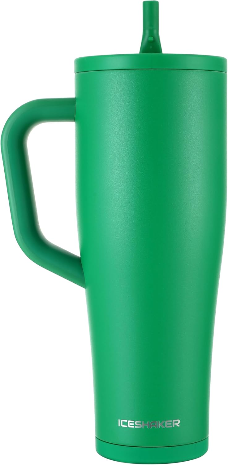 Ice Shaker 40 oz Tumbler with Handle and Straw | 40oz Green | Cold for 30+ Hours | 2-in-1 Tumbler Shaker Bottle | Odor-Free 40 ounce Bottle for Water, Protein Shakes, Smoothies, Cocktails