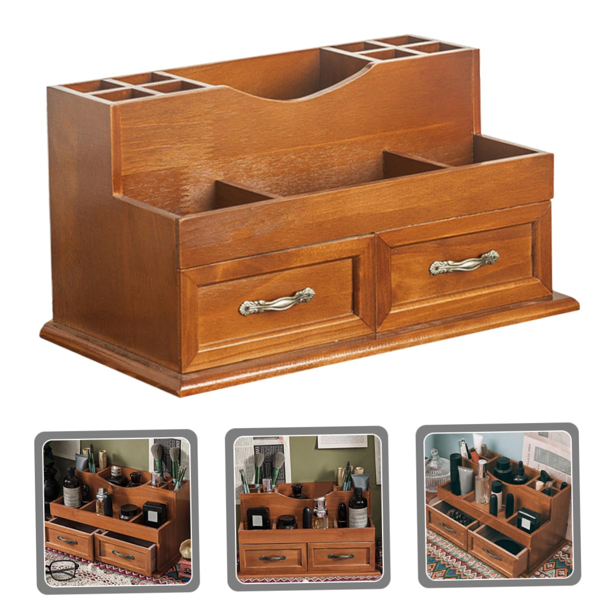 MAGICLULU Schublade mit 2-fach Schubladendesign im Vintage Stil Aufbewahrung Schmuck Großer Stauraum und Schreibtisch Organizer für Make Up und Kosmetik