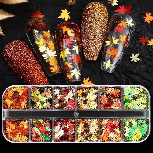 12 Grids Fall Nail Glitters 3D Gold Maple Leaf Nail Sequins with Autumn Glitter Sequins Gold Laser Maple Leaves Sparkly Flakes Nail Stickers for Women Manicure Thanksgiving Decorations Makeup