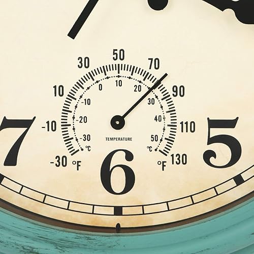 Miniatura 3 de Reloj de pared impermeable retro de 12 pulgadas para interiores y exteriores con termómetro, funciona con pilas, reloj de cuarzo silencioso sin