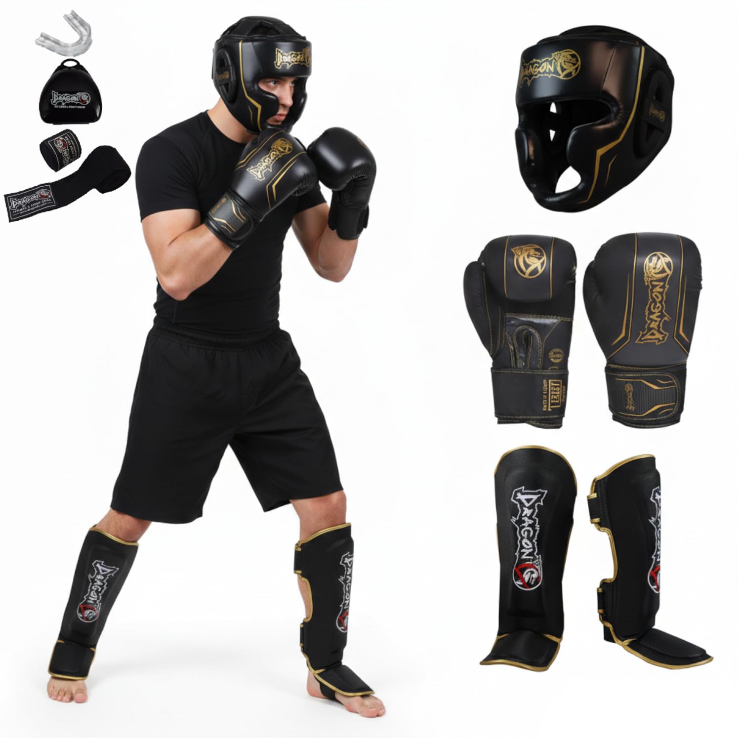 Dragon Do Legacy Box-Set 5-teilig Profi Boxhandschuhe Schienbeinschoner Full-Face Kopfschutz 3.5M Bandagen Zahnschutz Premium MMA Muay Thai Kickboxen Equipment Set