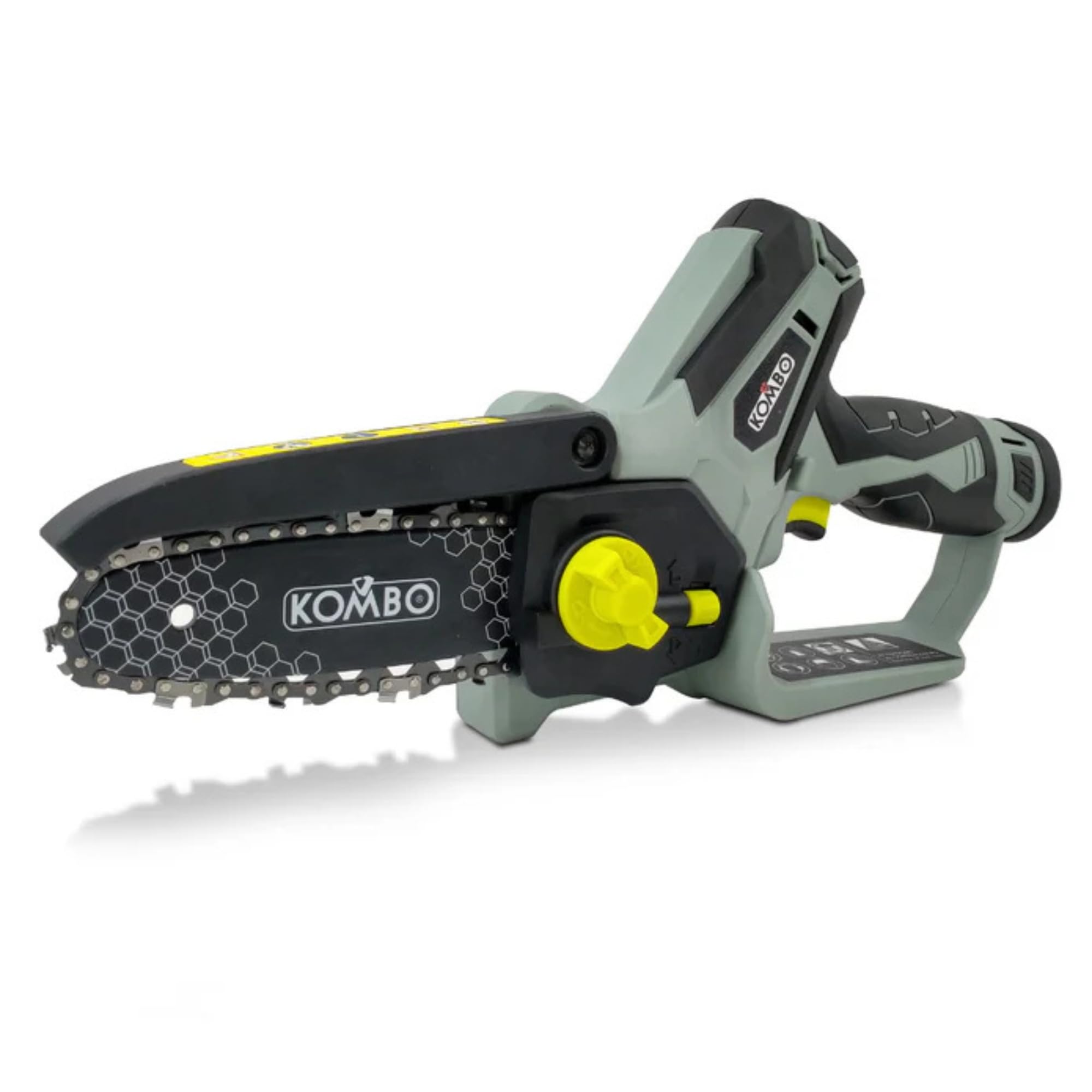 KOMBO Pro – Motosierra a batería de 12 V con 2 baterías recargables, barra de 15,5 cm, cadena de 3/8", corte de hasta 12 cm, tensor de cadena SDS, guantes DPI clase 2 incluidos