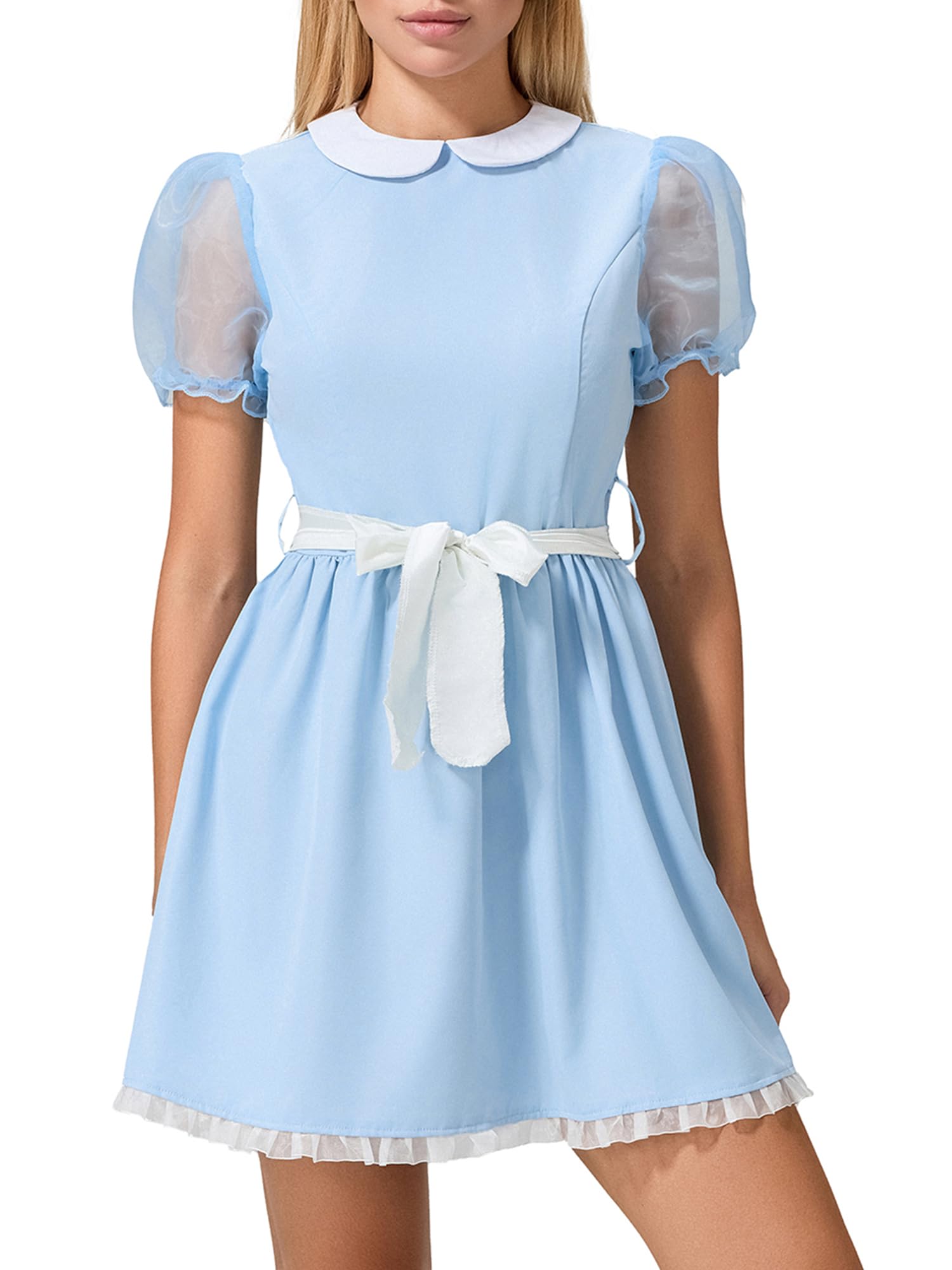 SANSIWU Women Girls Twins Costume Blue Mini Dresses Short Mesh Sleeve Creepy Twins Sister Cosplay Halloween Dress with Belt (A-White Belt, M)