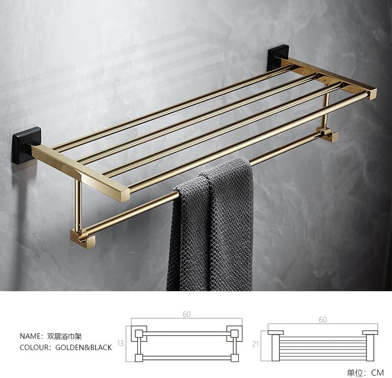 Bathroom Towel Rack, Bath Towel Rack, Towel Pole, Bathroom Pendant Set, Black + Gold = Towel Ring