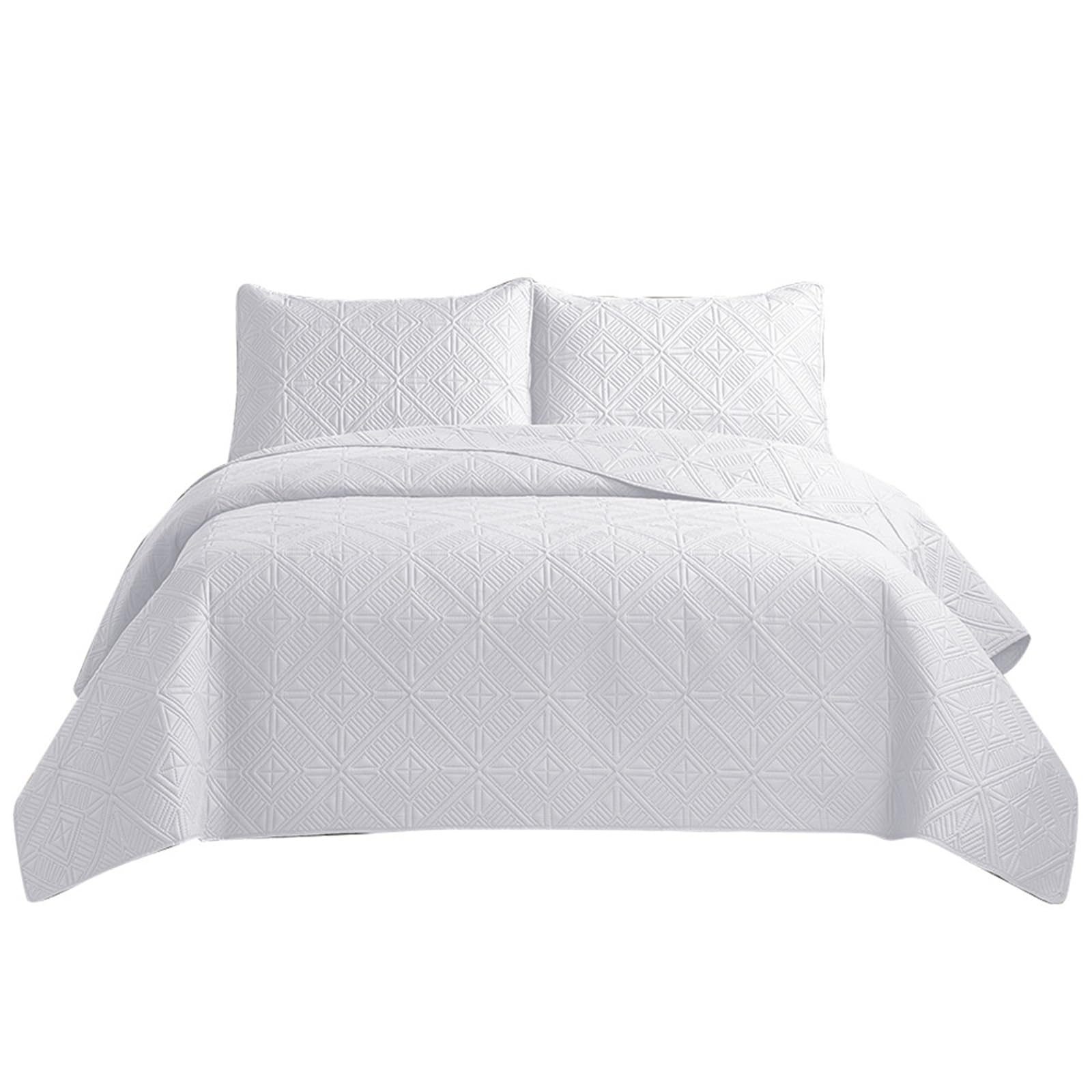 King Size Bedspread Double Quilted Bed Throws - Reversible Embossed Matt Finish Double Bed Covers Quilt Bedspread + 2 Pillow Shams - Solid Color Cotton Bed Spreads and Throws(White,240*260cm)
