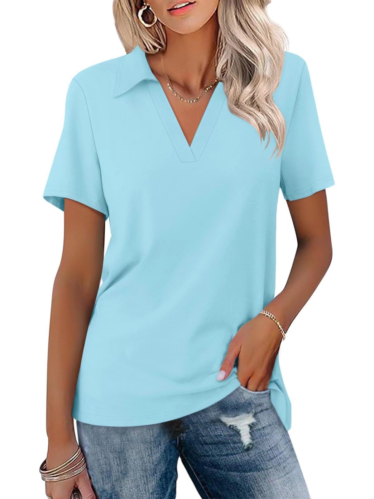 ORANDESIGNE Women's Short Sleeve V Neck Polo Shirts Summer Collared Tops Casual Loose Tees Tops