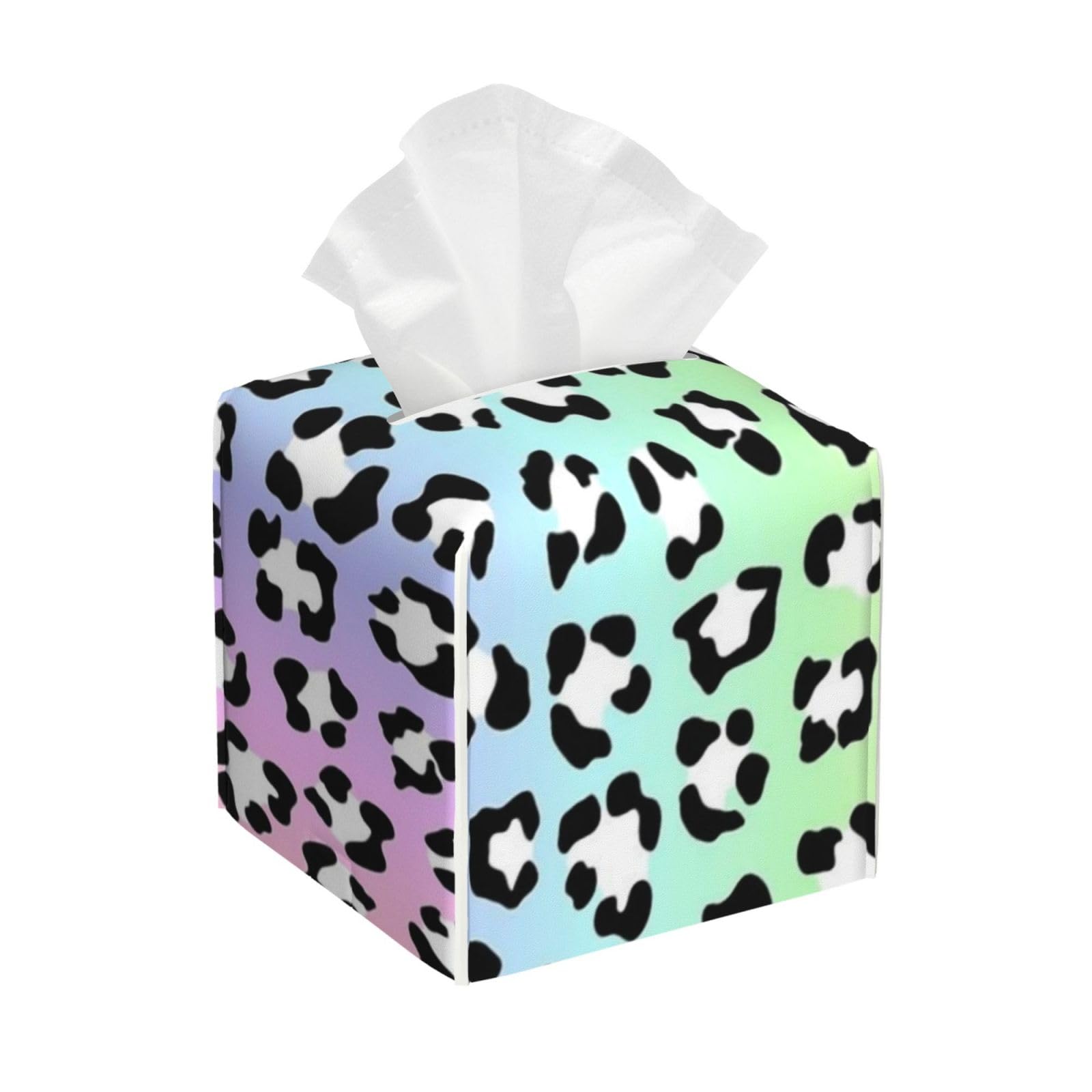 Pastel Rainbow Leopard Tissue Box Cover 5" Square Leather Tissue Holder Facial Tissue Case for Tabletop Bedroom Bathroom Desk Decor